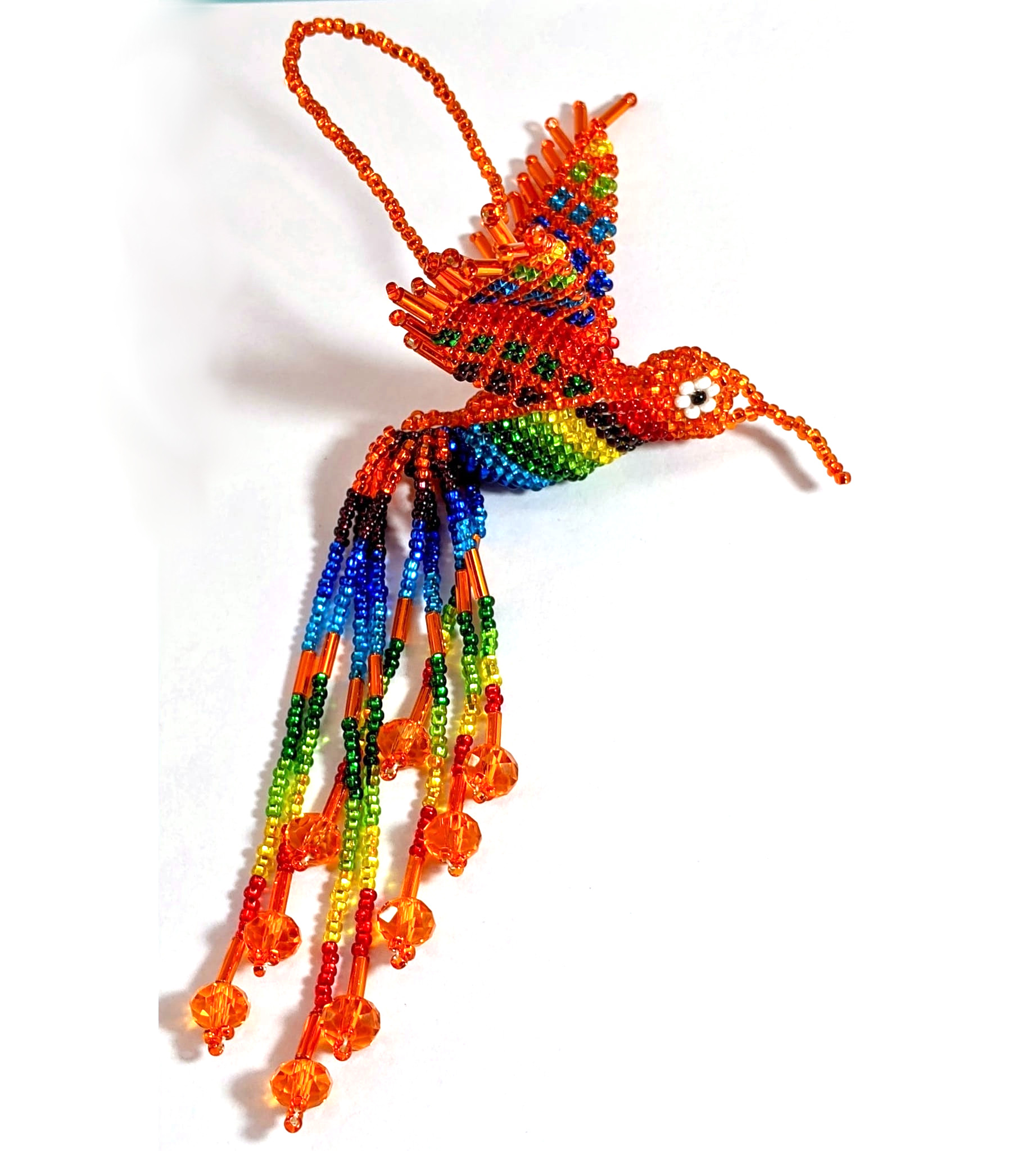 Hummingbird Beaded Ornament - Rainbow with Orange