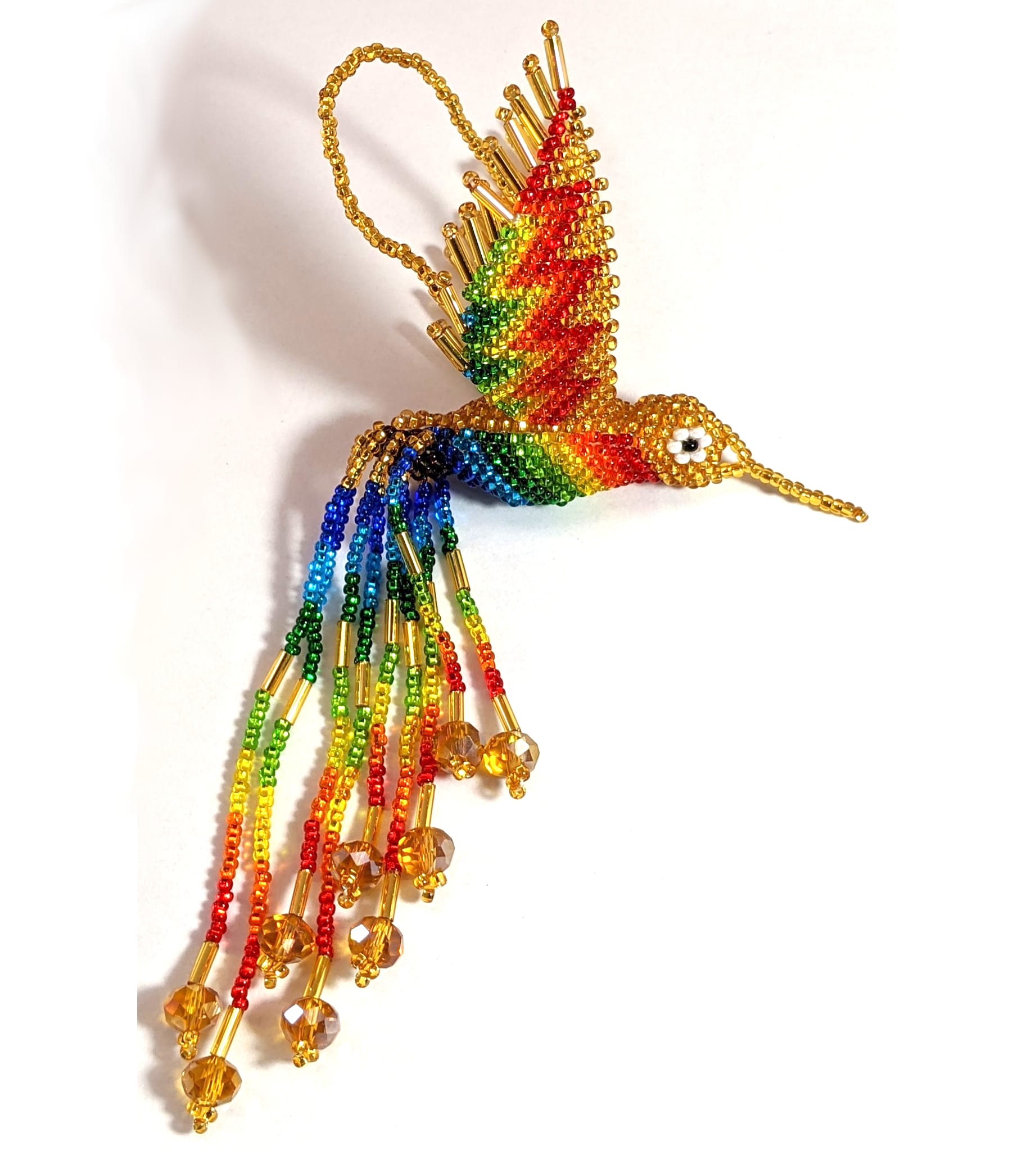 Hummingbird Beaded Ornament - Rainbow with Light Gold