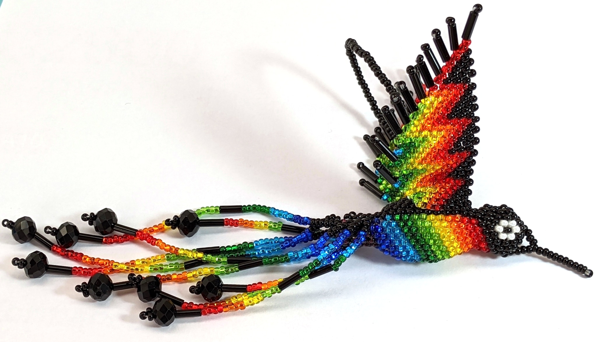 Hummingbird Beaded Ornament - Rainbow with Black 