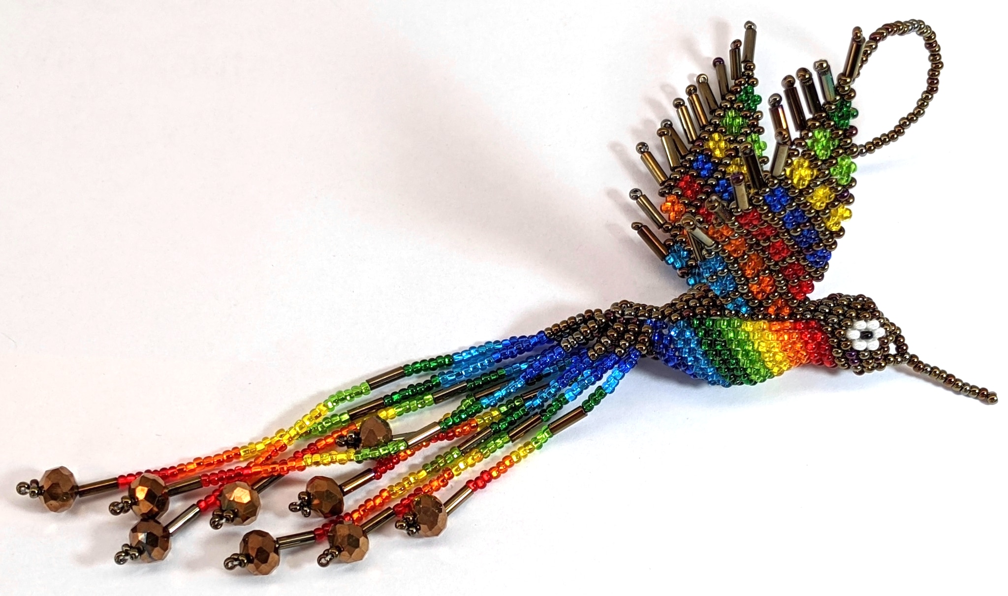 Hummingbird Beaded Ornament - Rainbow with Iridescent Brown