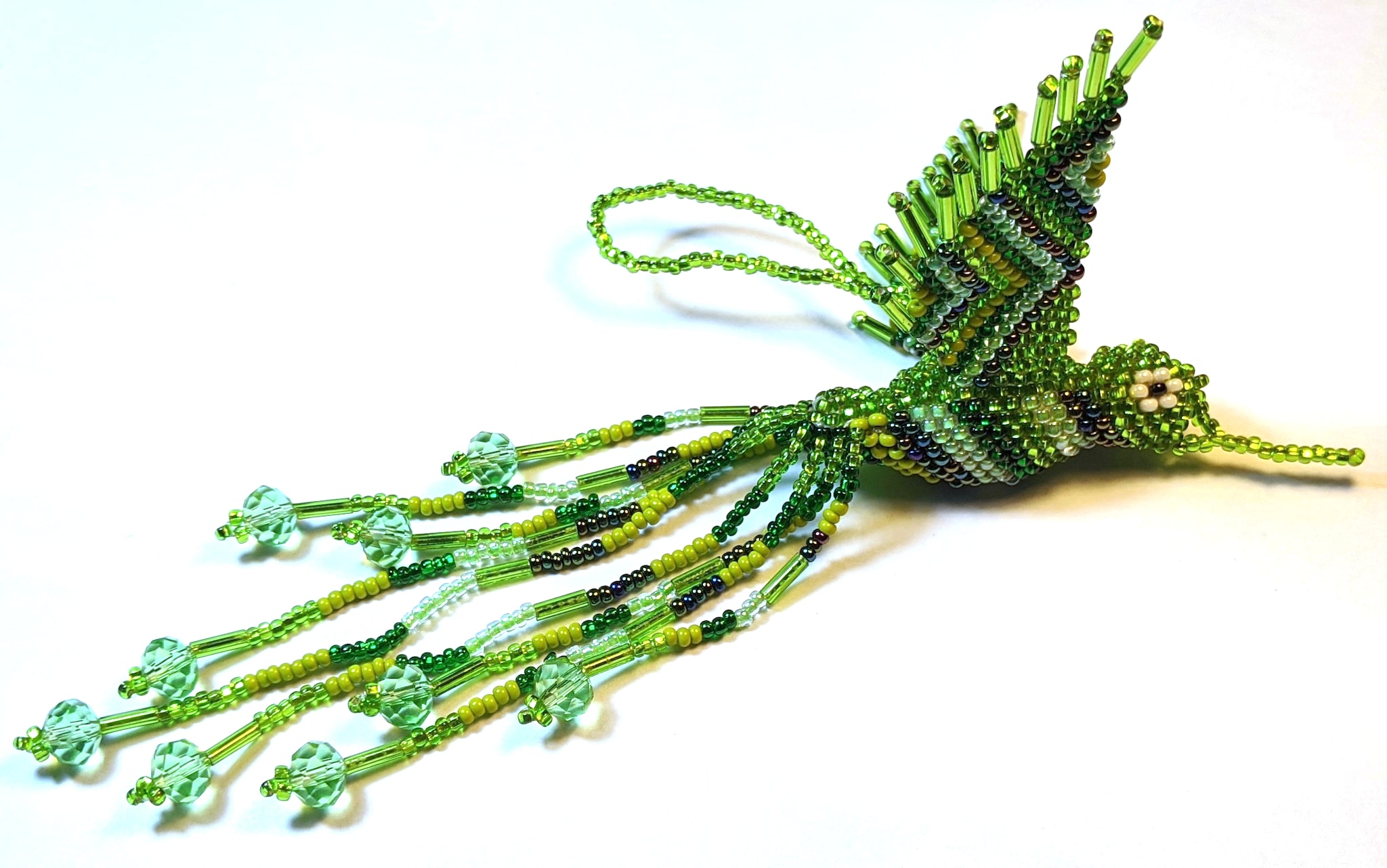 Hummingbird Beaded Ornament - Greens and Lime Green 