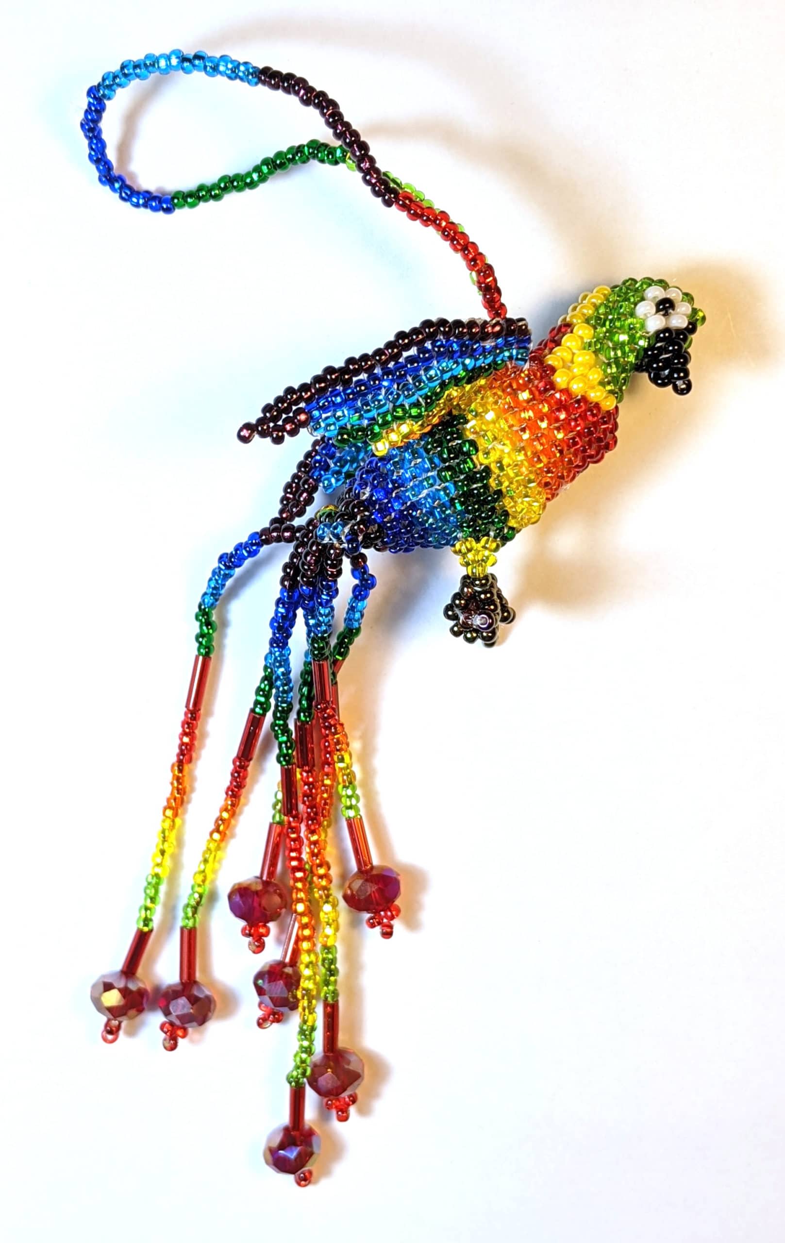 Parrot Beaded Ornament - Rainbow with Red Crystals