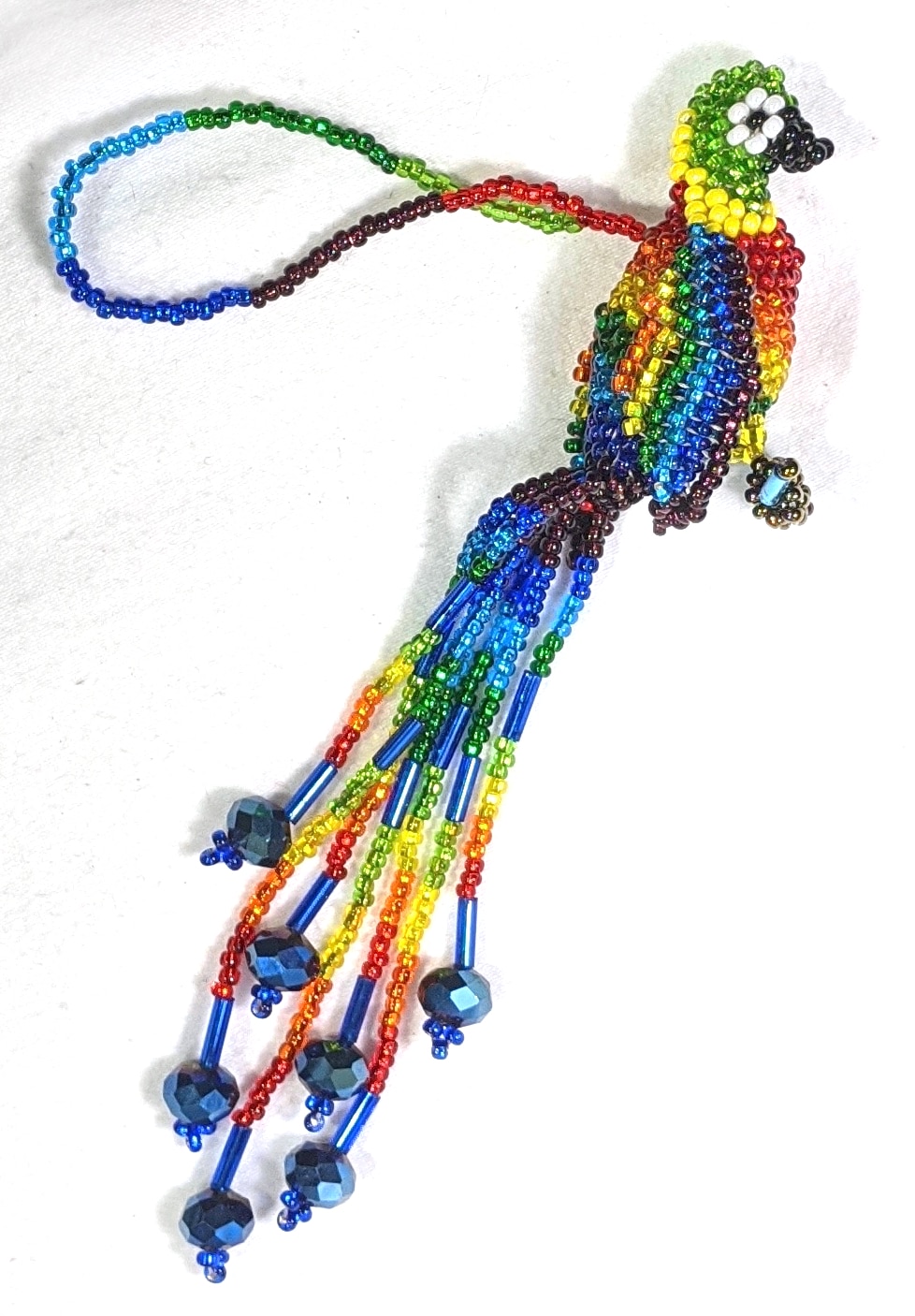 Parrot Beaded Ornament -  Rainbow with Blue Crystals