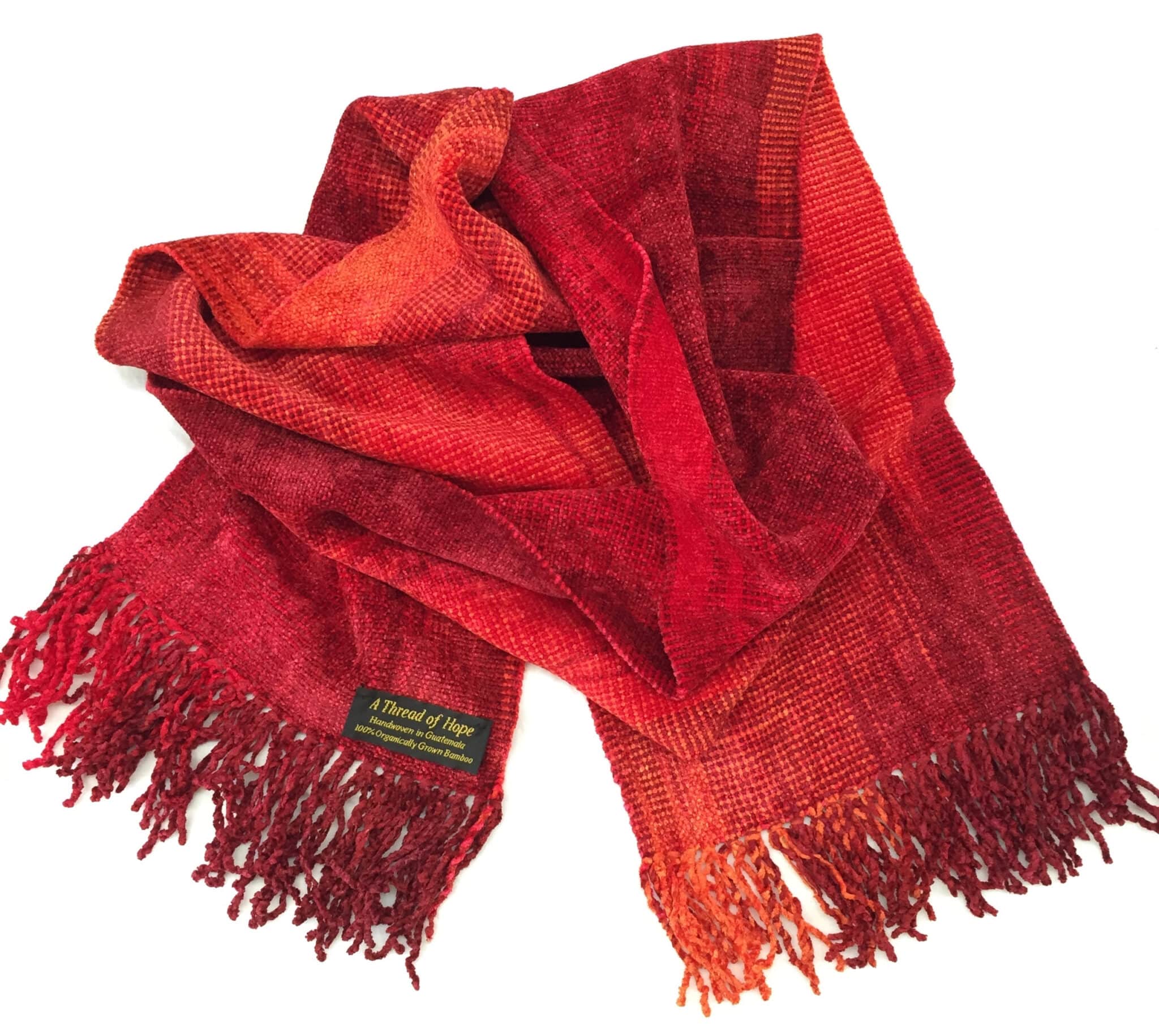 Red with Orange Bamboo Chenille Handwoven Scarf 8 x 68