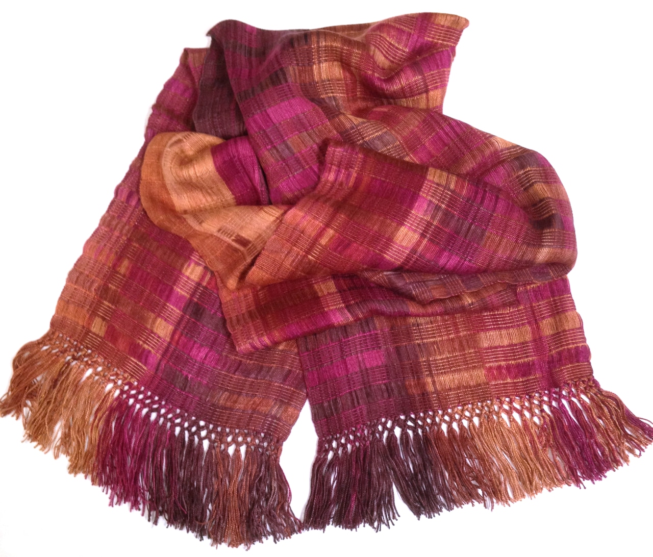 Raspberry and Apricot Lightweight Bamboo Open-Weave Handwoven Scarf 8 x 68
