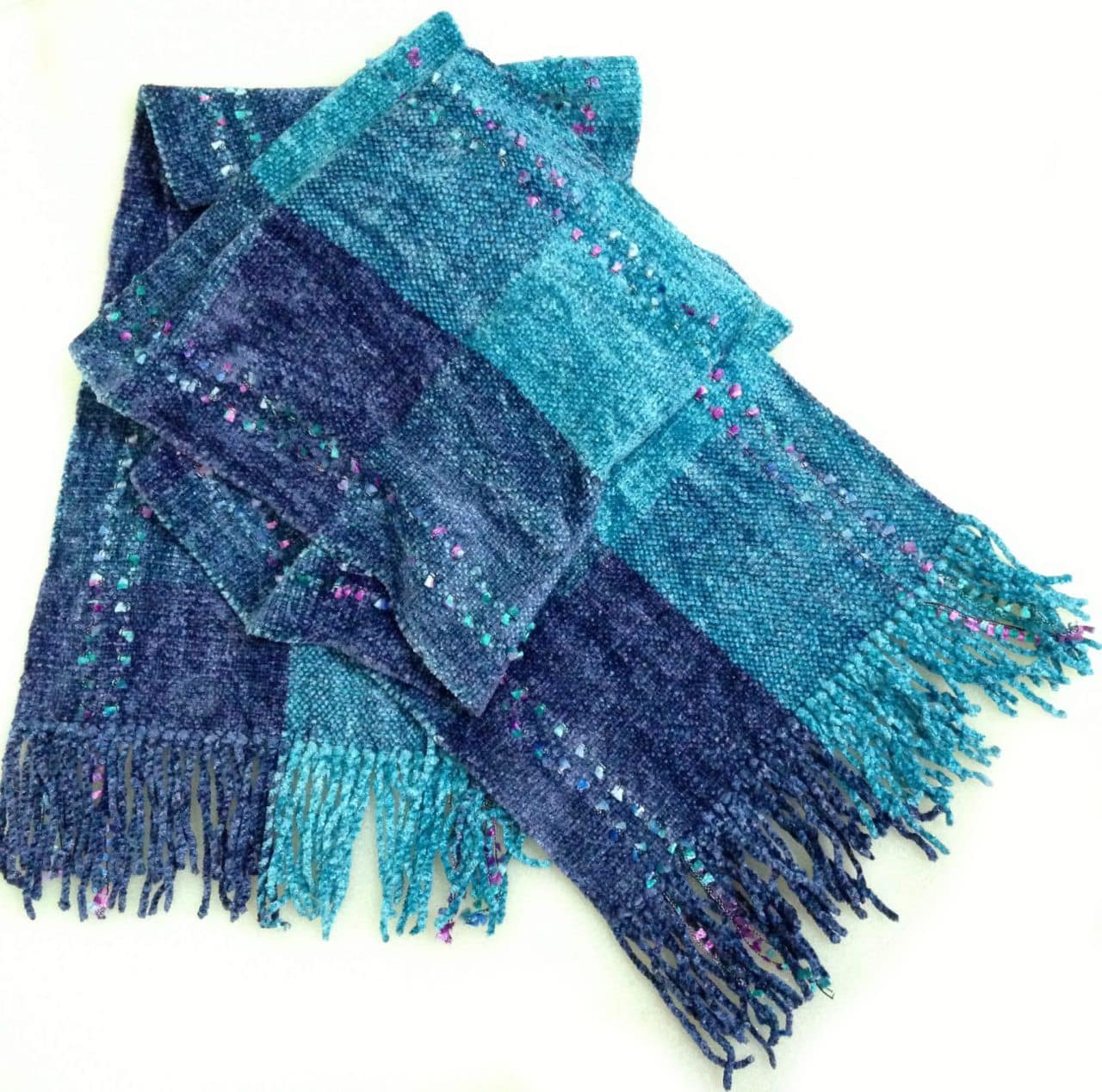 Azure and Celestial Blue with Ornamental Yarn - Bamboo Chenille Handwoven Scarf 8 x 68