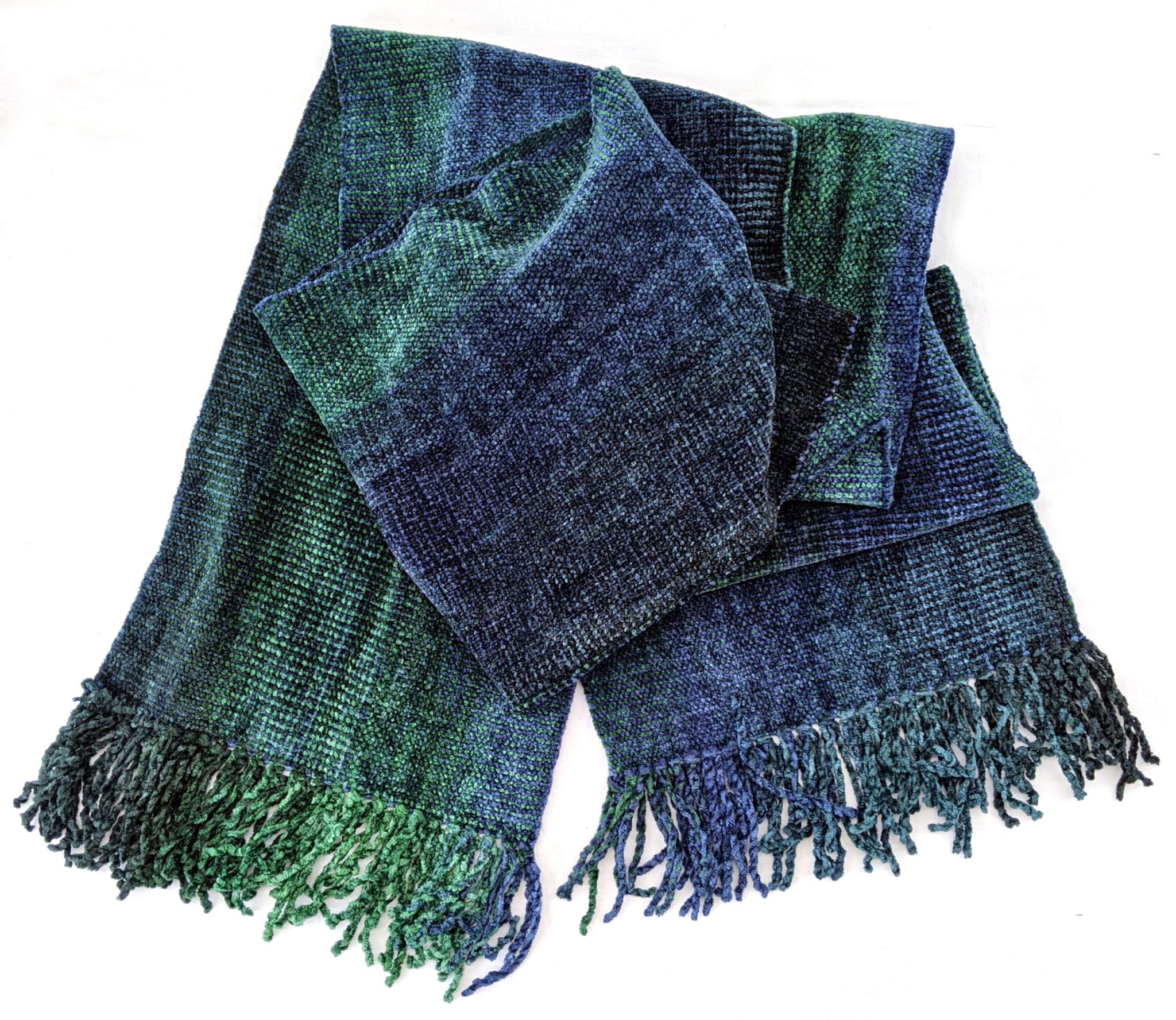 Emerald Green and Sapphire Blue Bamboo Chenille Handwoven Scarf 8 x 68