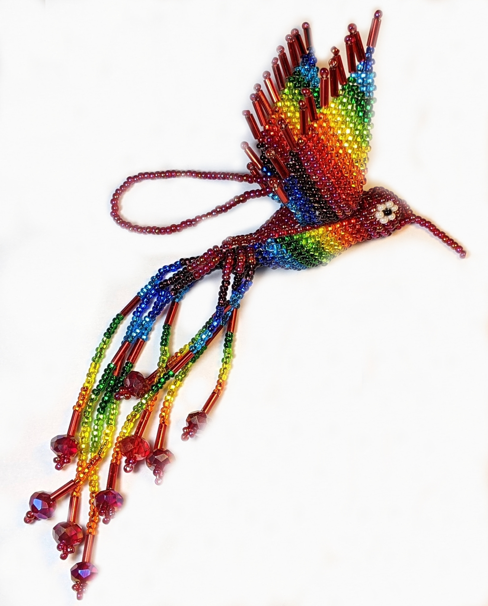 Hummingbird Beaded Ornament - Rainbow with Red 
