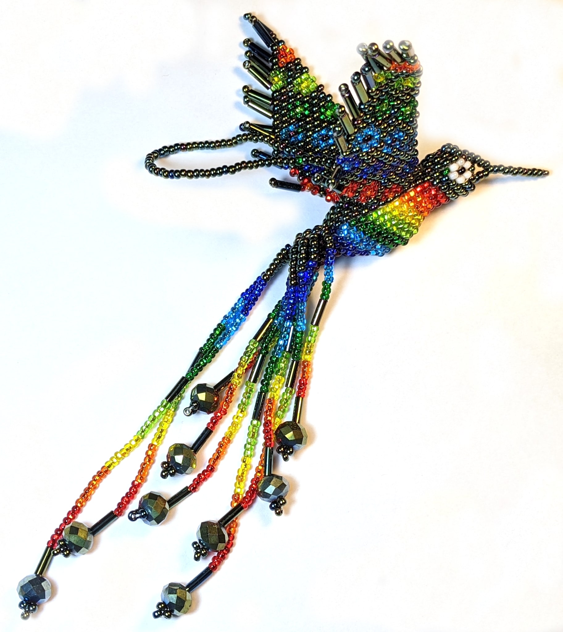 Hummingbird Beaded Ornament - Rainbow with Iridescent Green