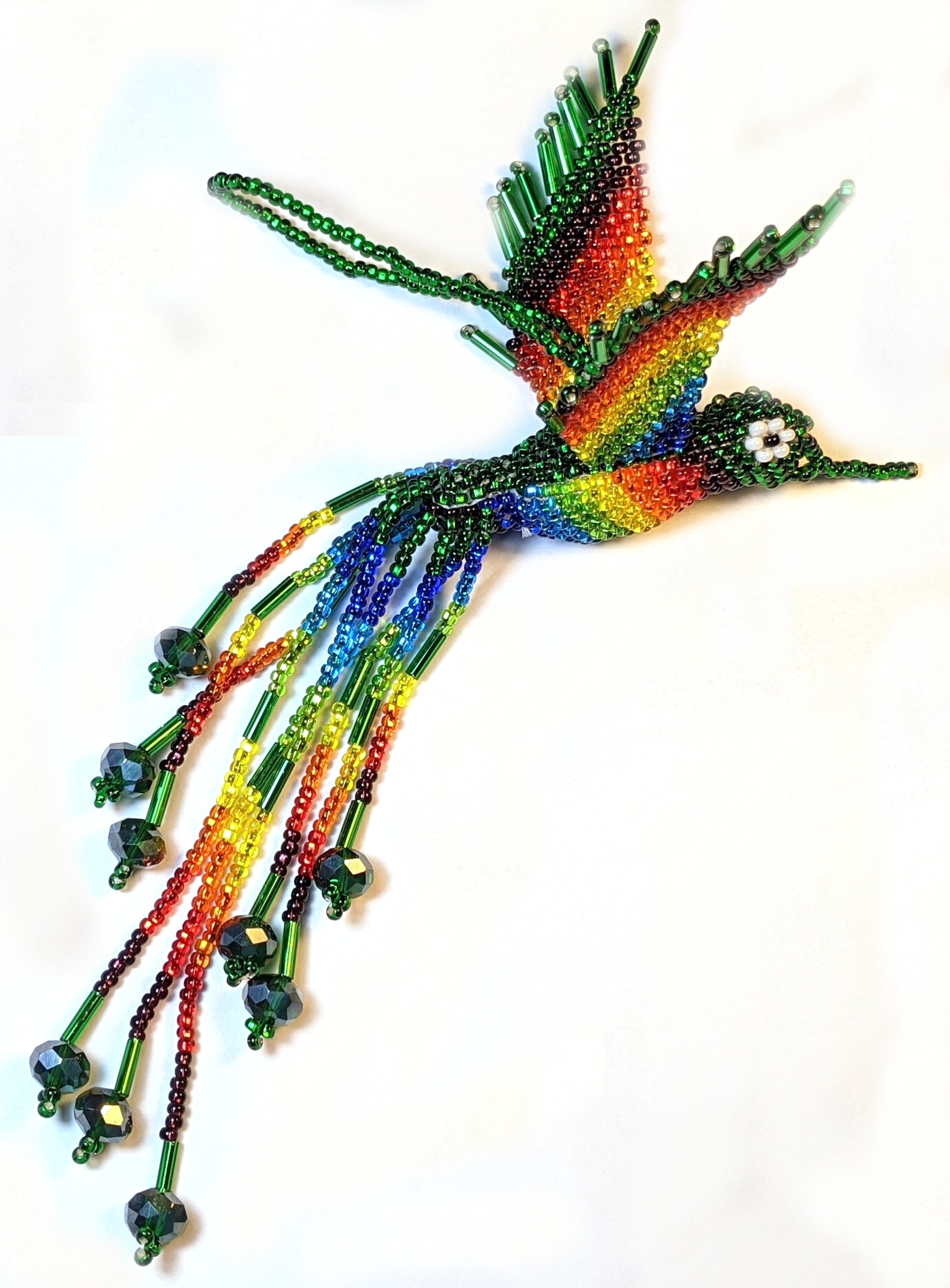 Hummingbird Beaded Ornament - Rainbow with Deep Green