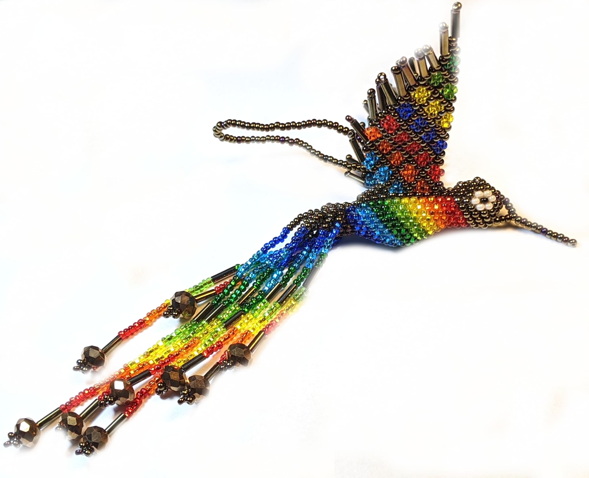 Hummingbird Beaded Ornament - Rainbow with Iridescent Brown