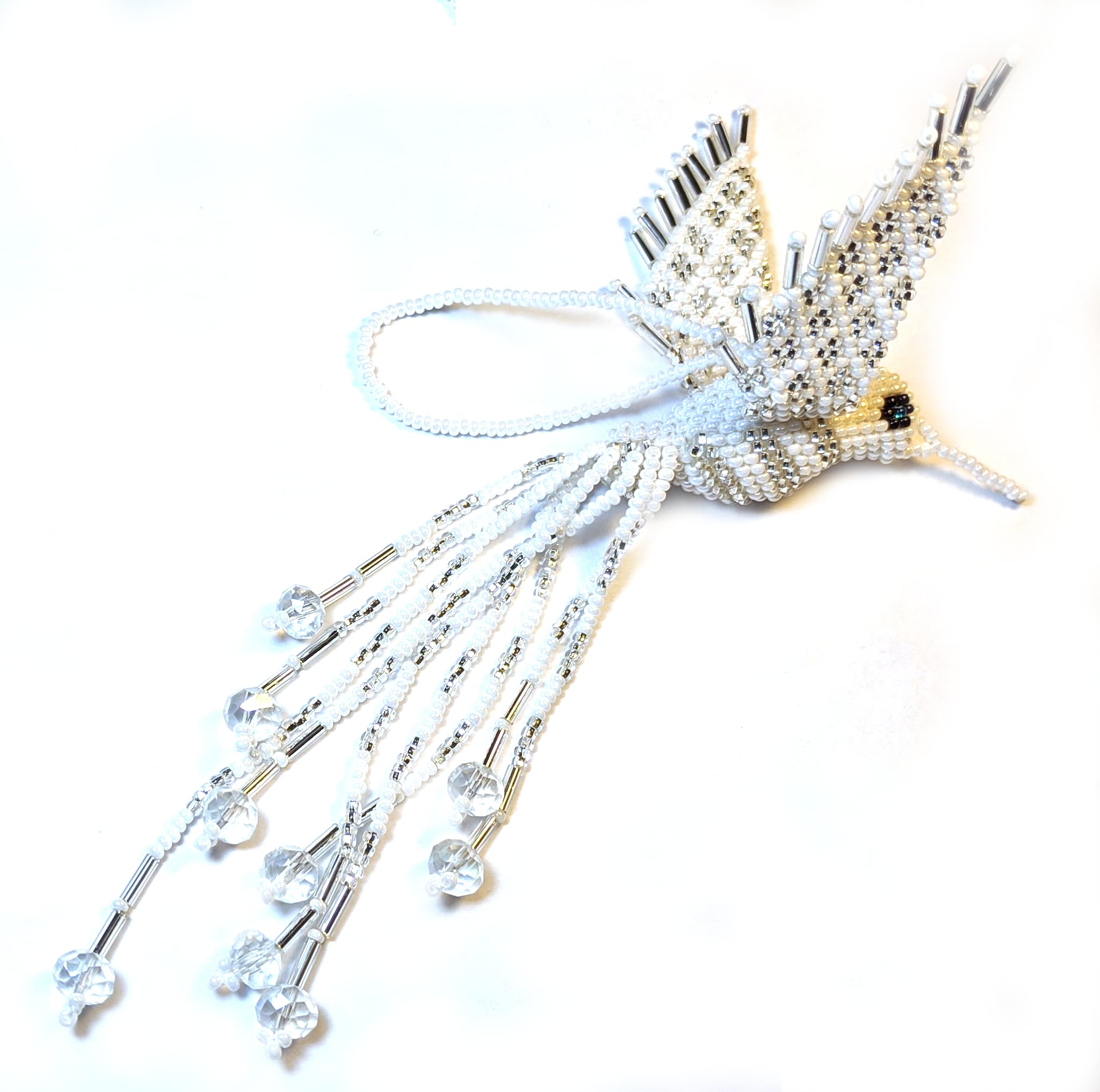 Hummingbird Beaded Ornament - Silver White and Opaque White