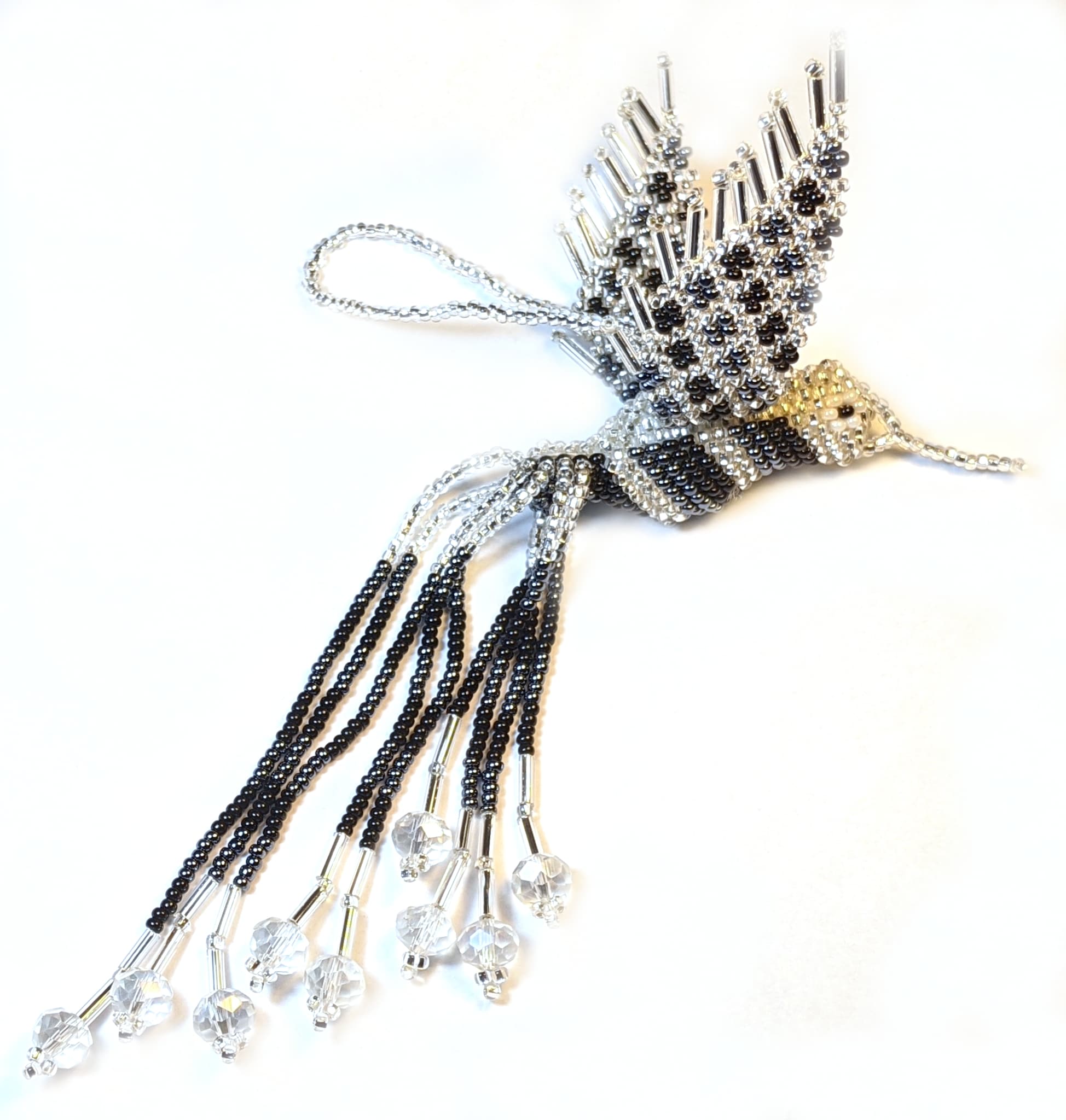 Hummingbird Beaded Ornament - Black, Hematite Gray, and Silver White 