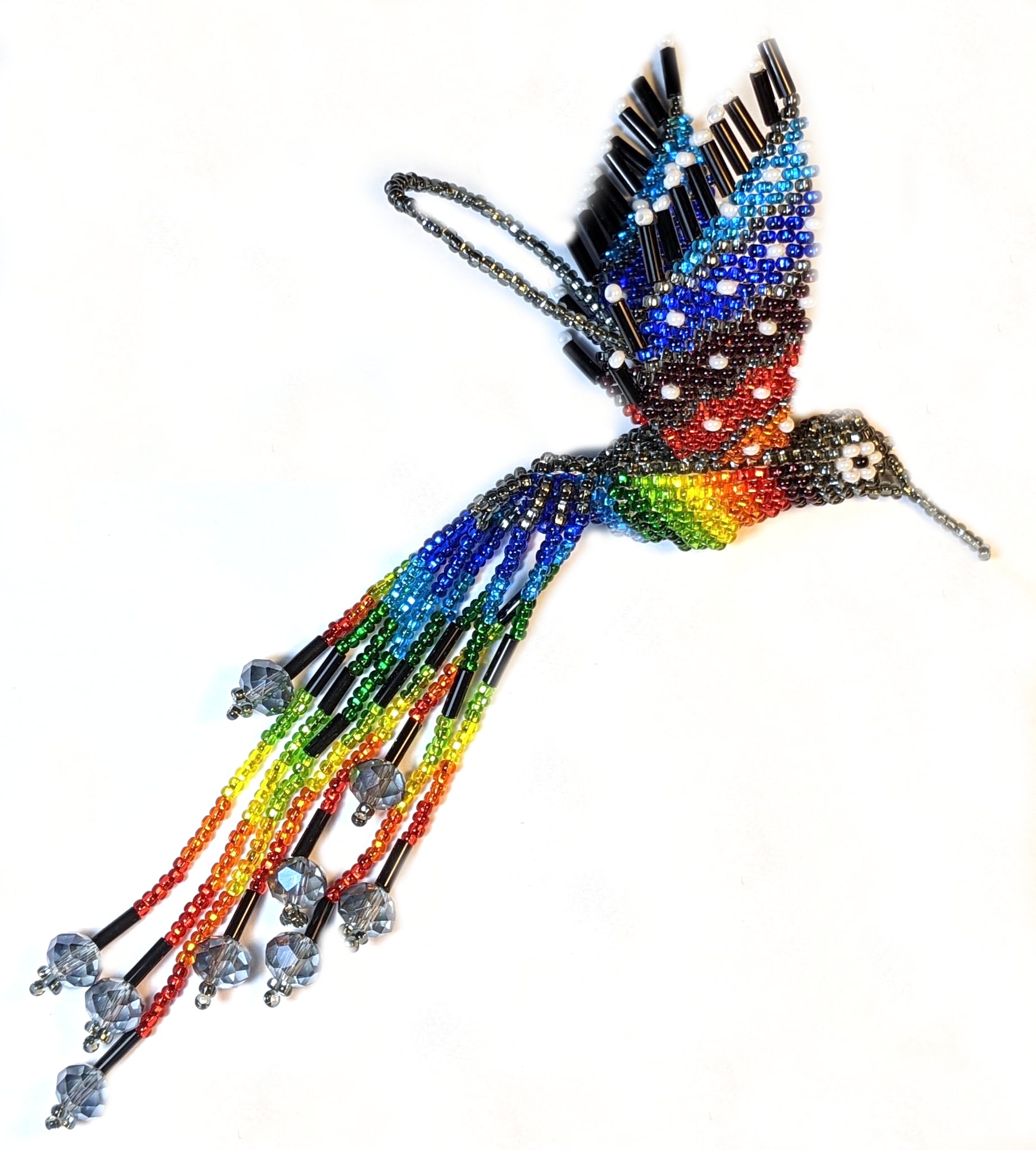 Hummingbird Beaded Ornament - Rainbow with Silver Gray and Pearl White Accents