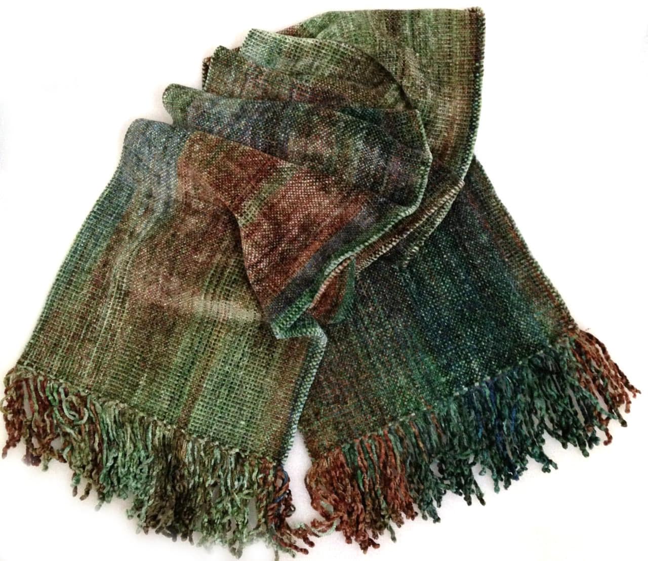 Greens, Brown, Copper - Bamboo Chenille Handwoven Scarf 8 x 68