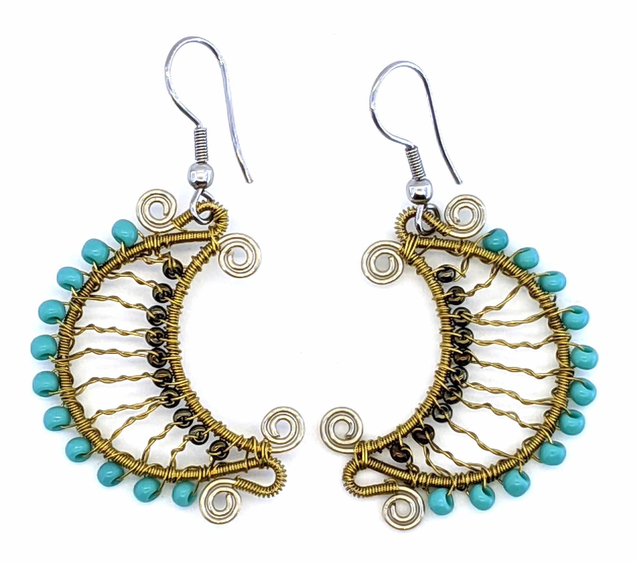 Turquoise, Copper and Gold Crescent Moon Beaded Earrings