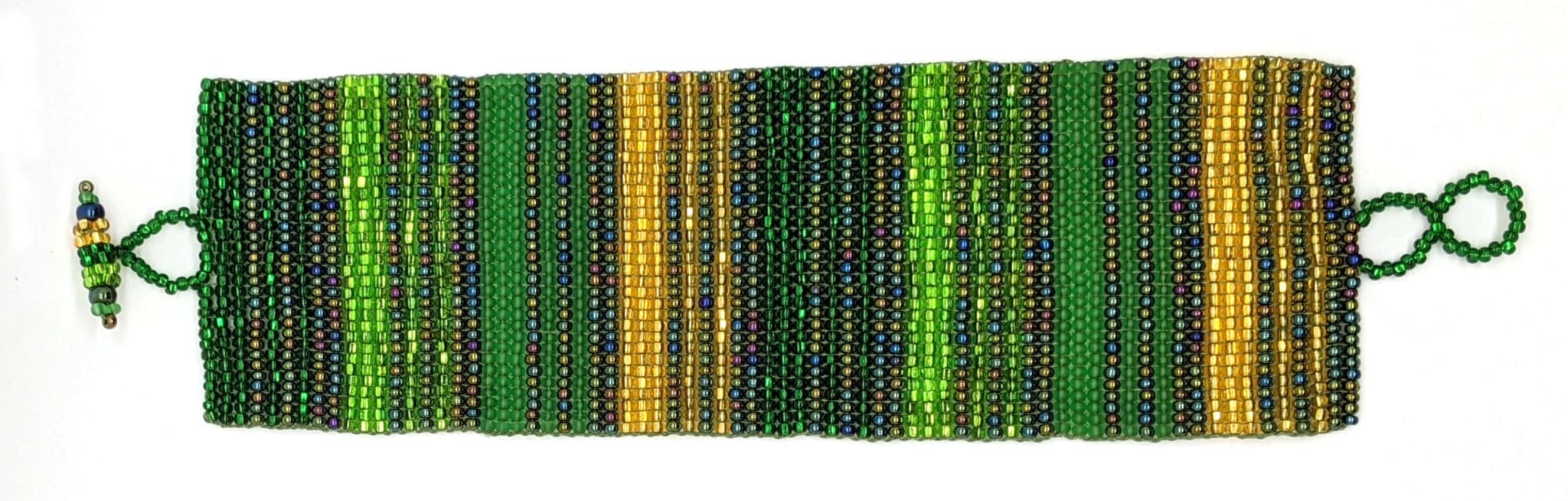 Greens and Gold Wide Woven Stripes Beaded Bracelet