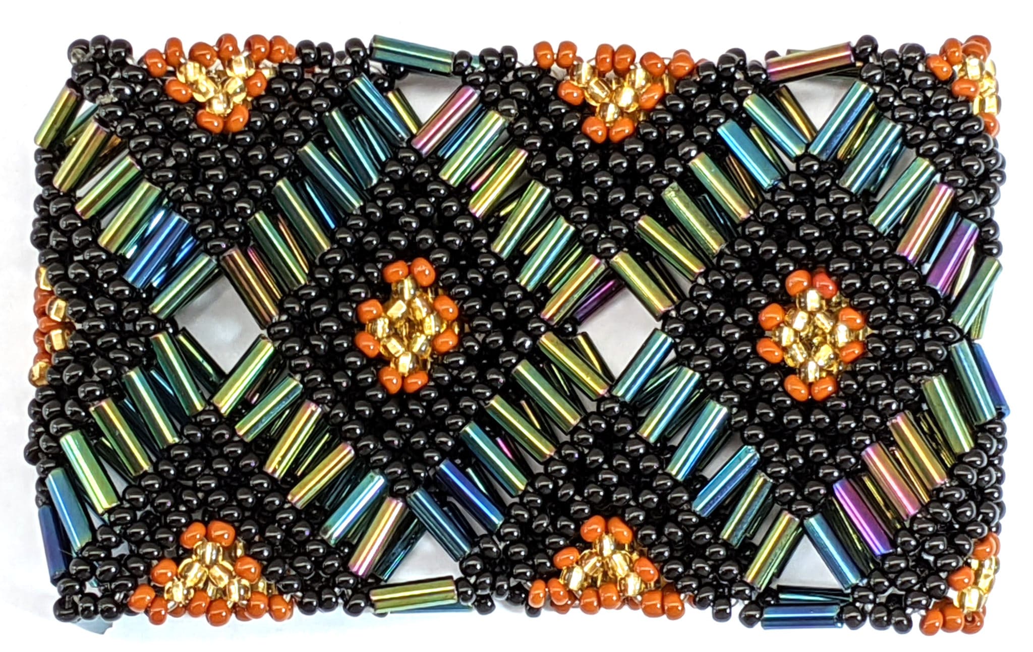 Sophisticated Autumn with Iridescent Green Beaded Elastic Geometric Cuff 