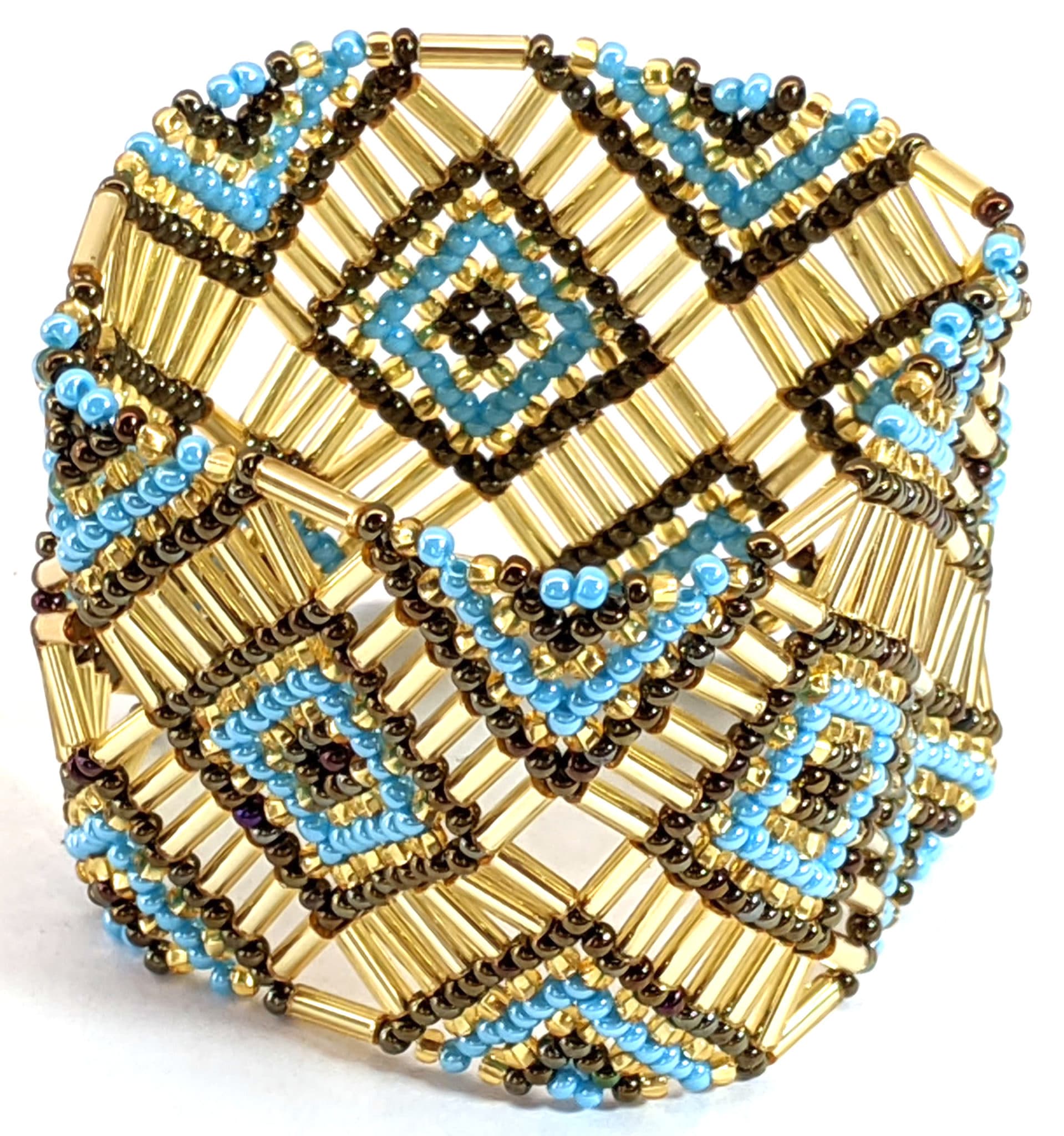 Turquoise, Copper and Gold Beaded Elastic Geometric Cuff