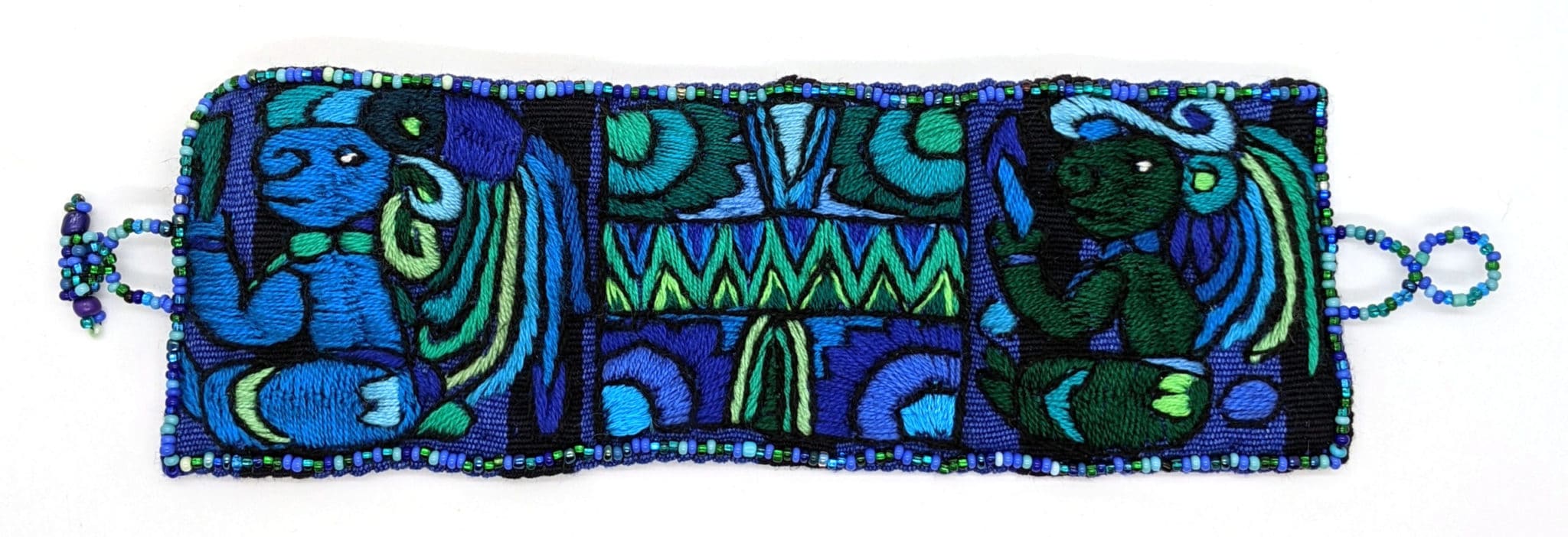 Blues and Greens Maya Gods and Symbols Hand-Embroidered Bracelet with Glass Beads Closure
