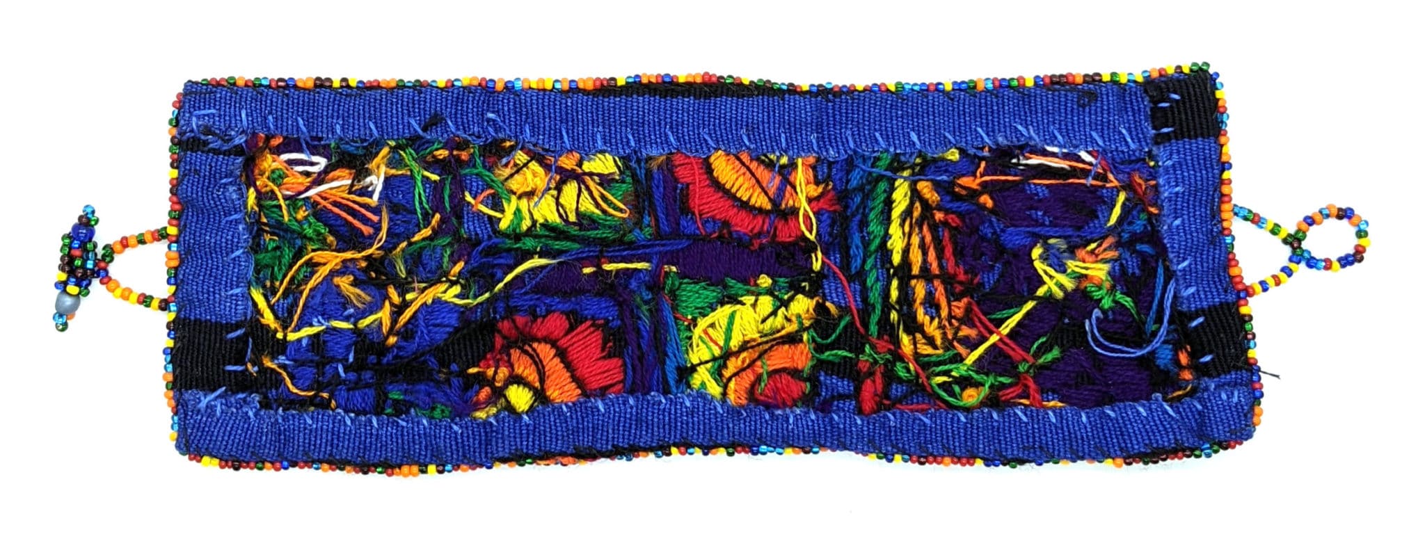 Rainbow Maya Gods and Symbols Hand-Embroidered Bracelet with Glass Beads Closure