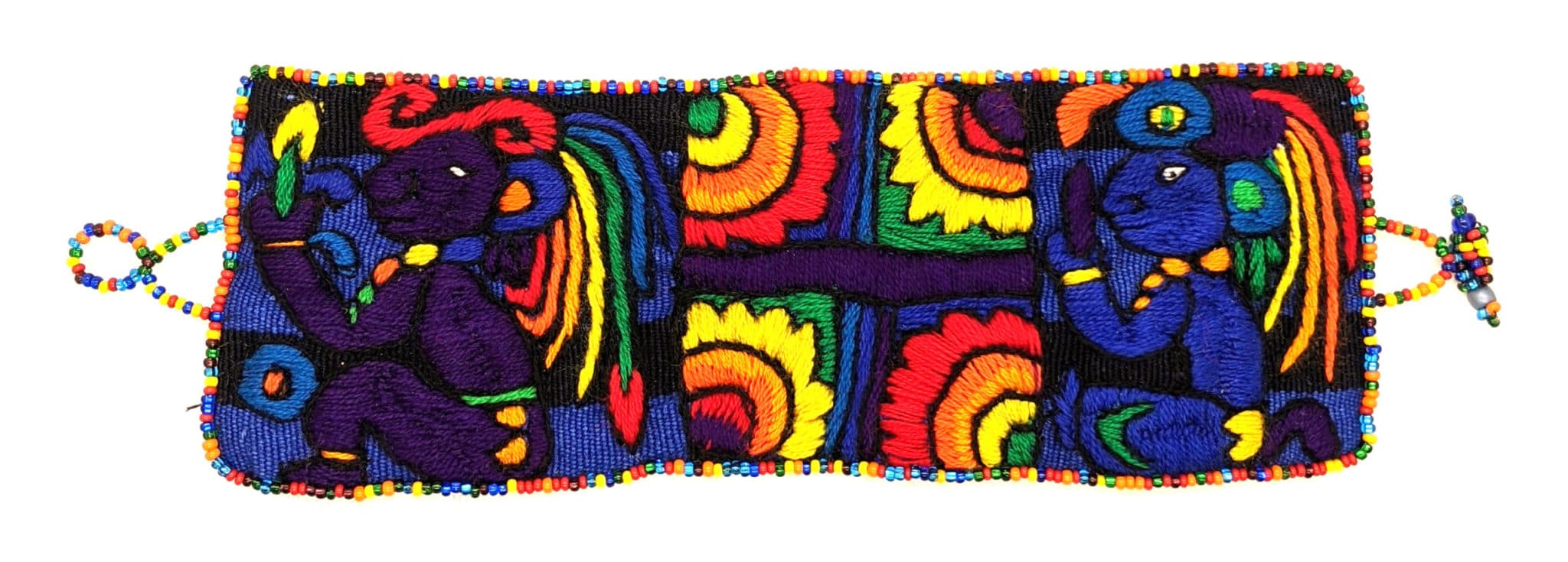 Rainbow Maya Gods and Symbols Hand-Embroidered Bracelet with Glass Beads Closure