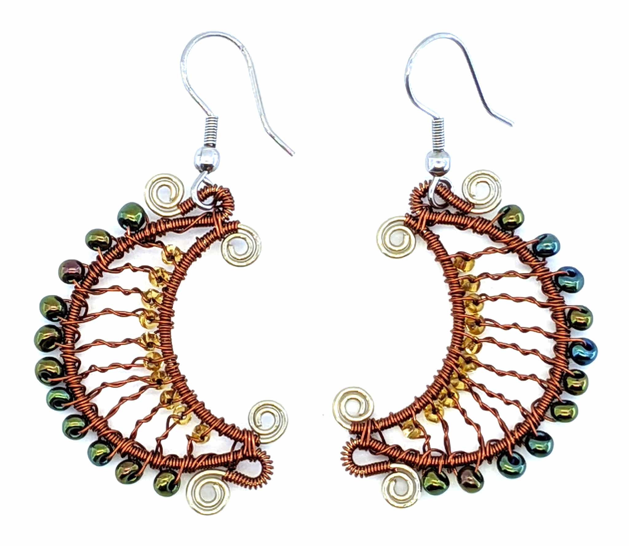 Sophisticated Autumn (Copper and Iridescent Green) Crescent Moon Beaded Earrings
