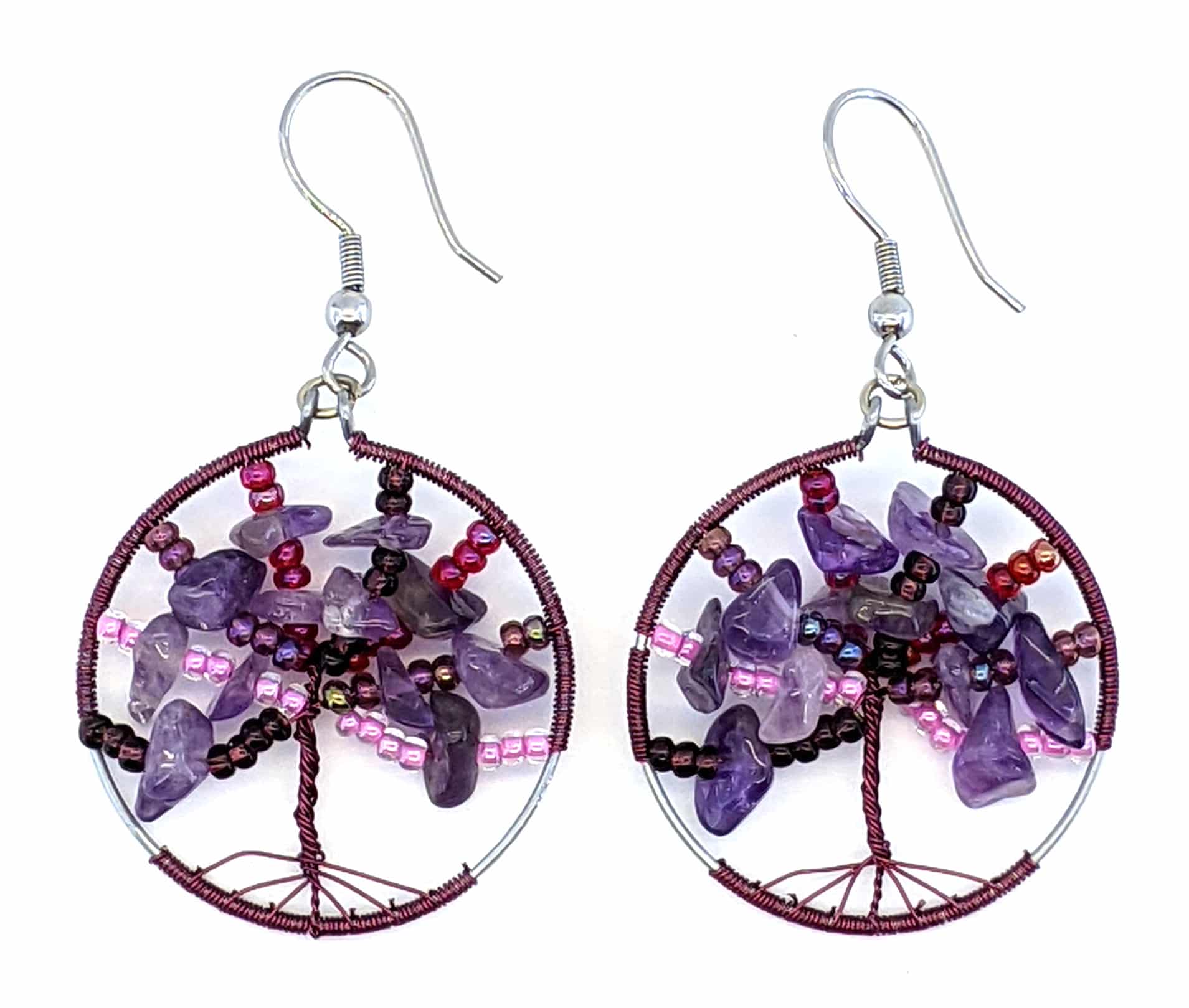 Purples with Pink Tree of Life Beaded Earrings