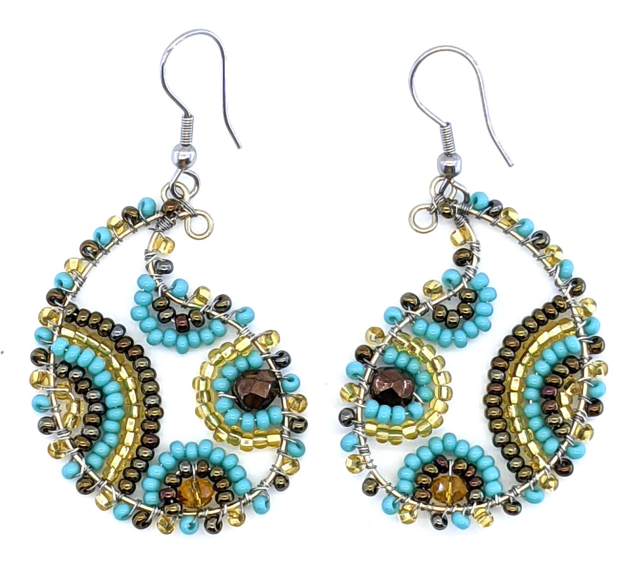 Turquoise, Copper and Gold Paisley Beaded Earrings