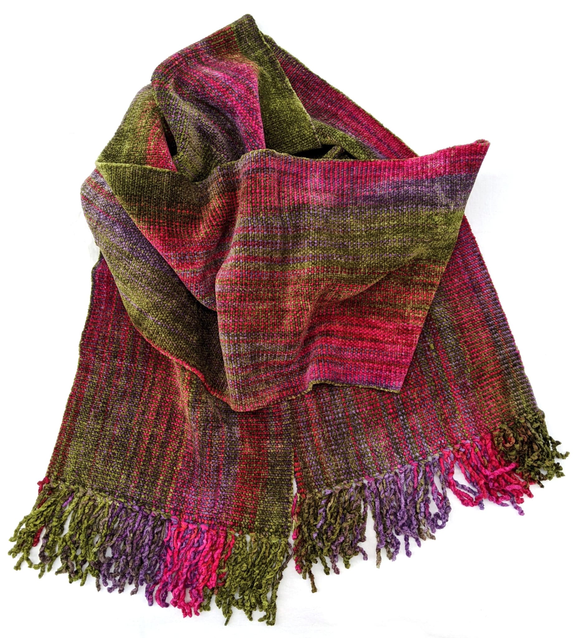 Fuchsia, Olive and Purple Bamboo Chenille Handwoven Scarf 8 x 68