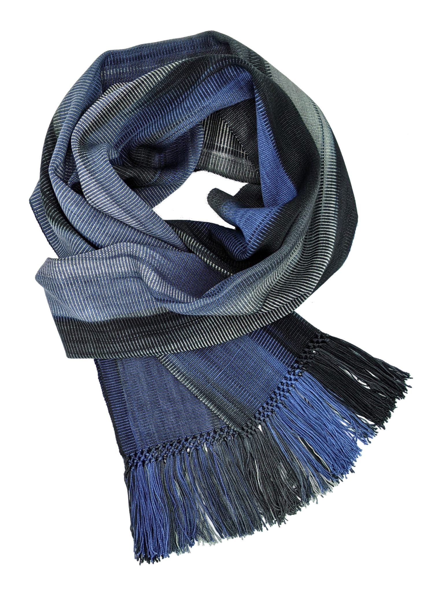 Blue, Grays and Black Lightweight Bamboo Handwoven Scarf 8 x 68