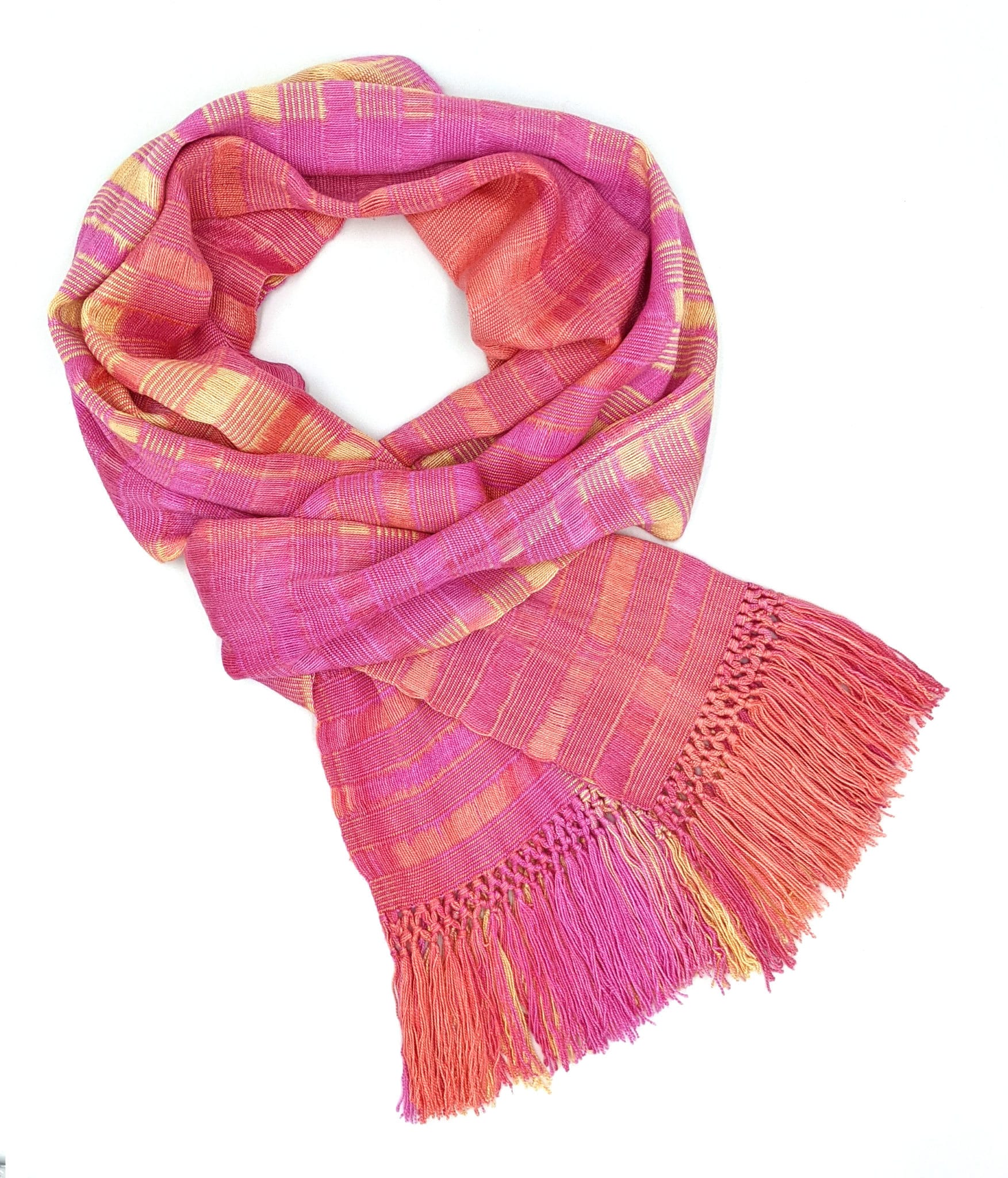 Pink with Yellow Lightweight Bamboo Open-Weave Handwoven Scarf 8 x 68