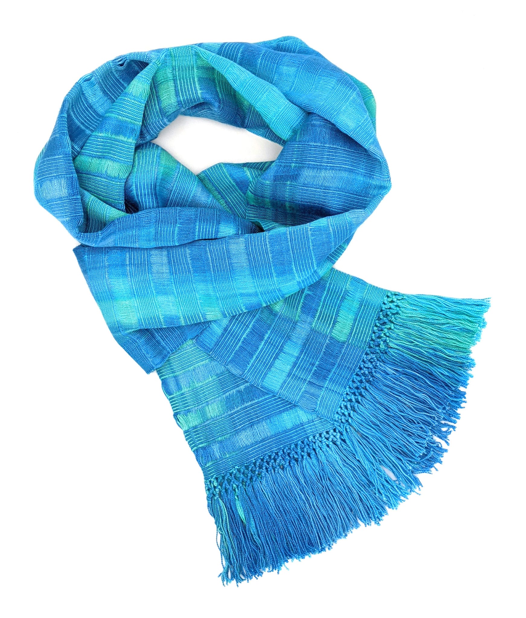 Turquoise, Celestial Blues - Lightweight Bamboo Open-Weave  Handwoven Scarf 8 x 68