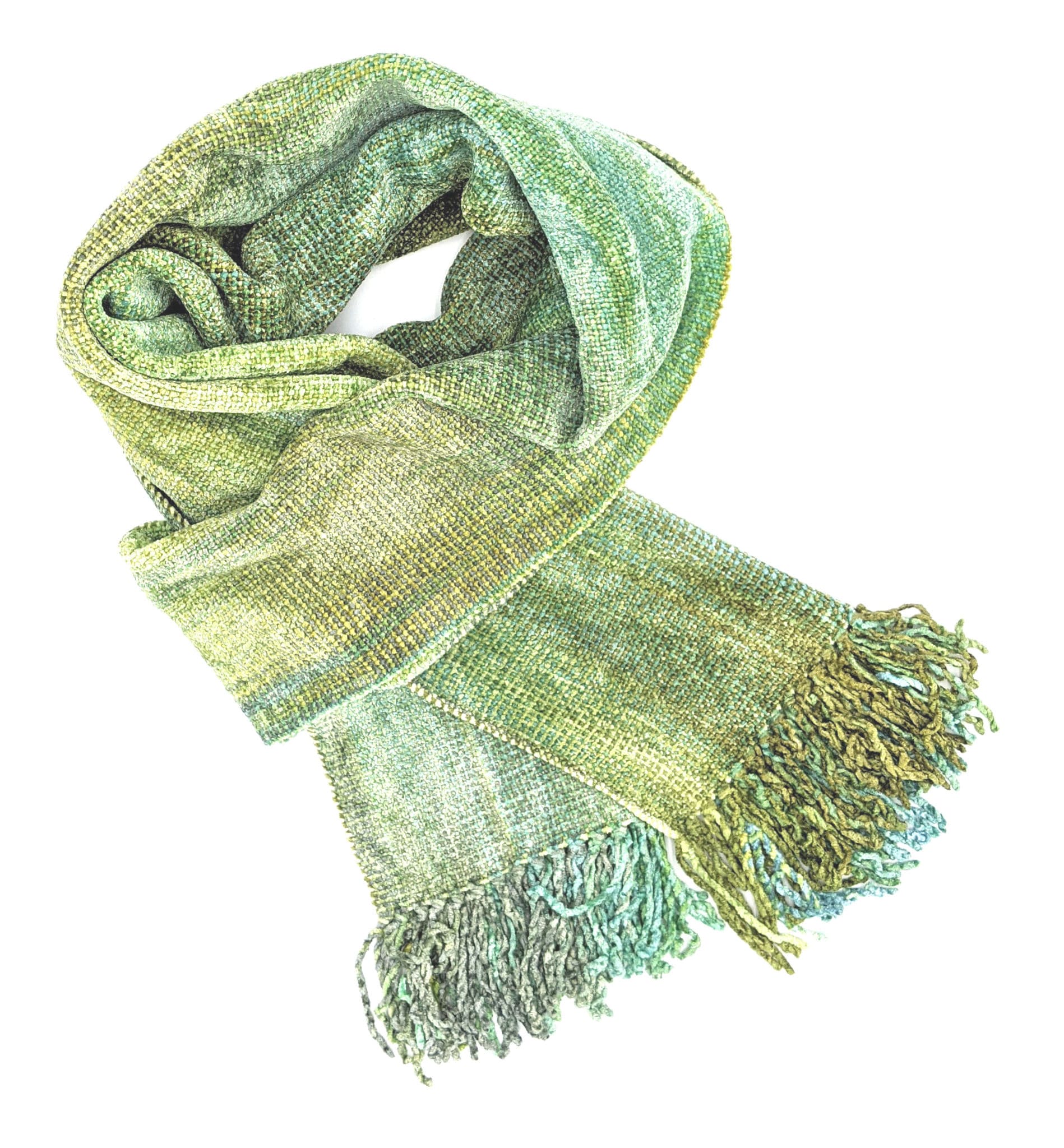 Pale Greens, Beige - Bamboo Chenille Handwoven Scarf 8 x 68