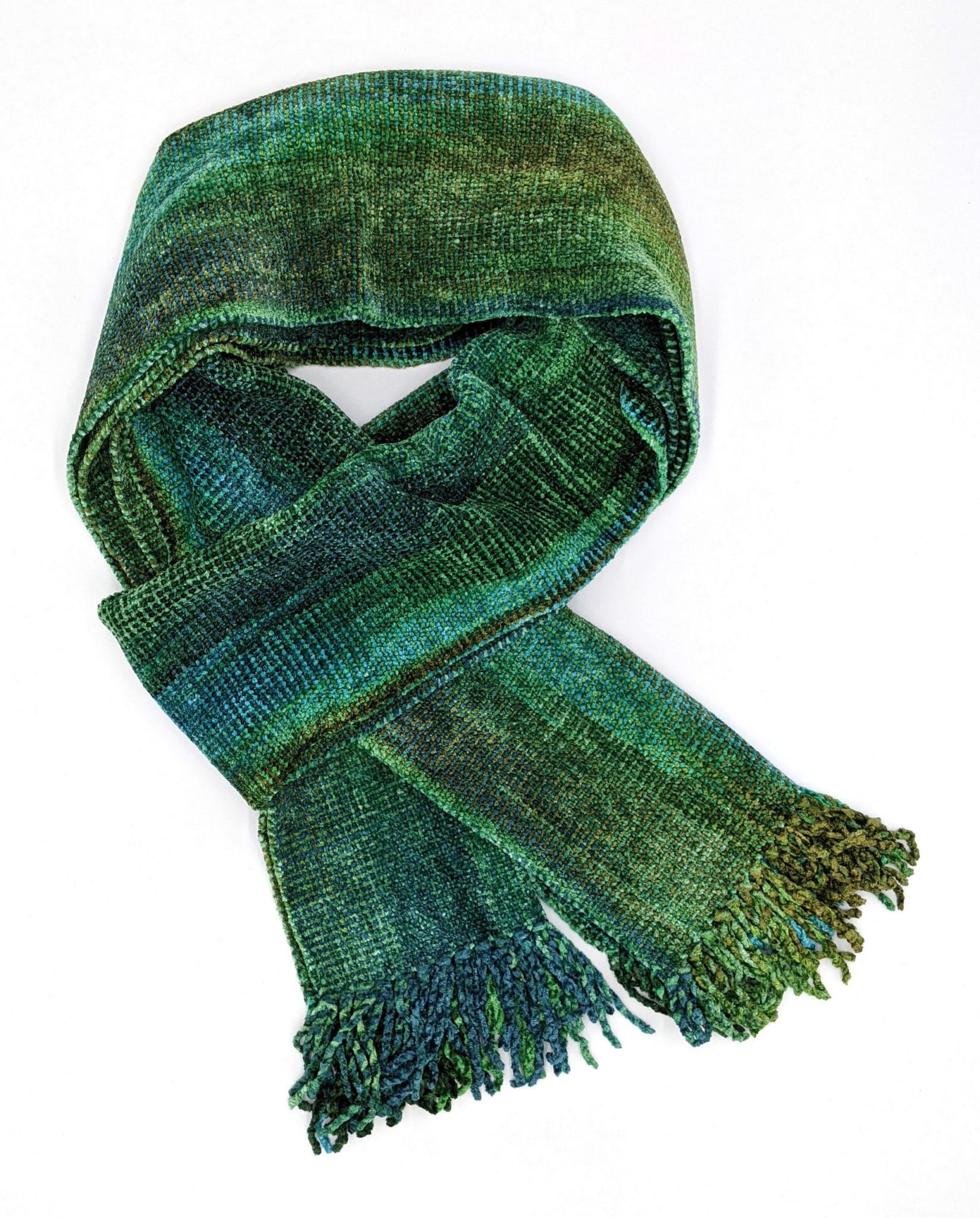 Greens, Blue, Coffee - Bamboo Chenille Handwoven Scarf 8 x 68