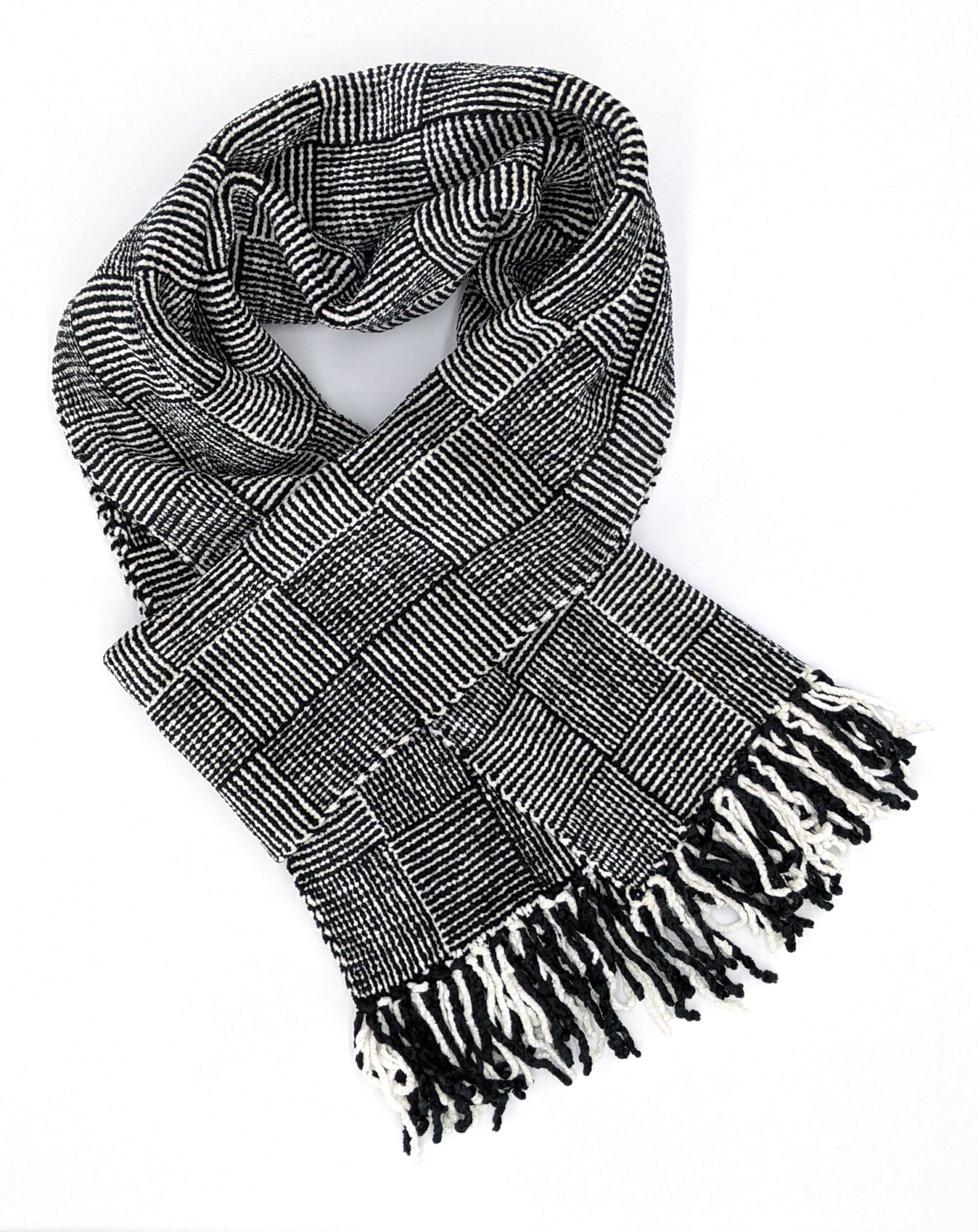 Black and White Log Cabin Weave - Bamboo Chenille Handwoven Scarf 8 x 68