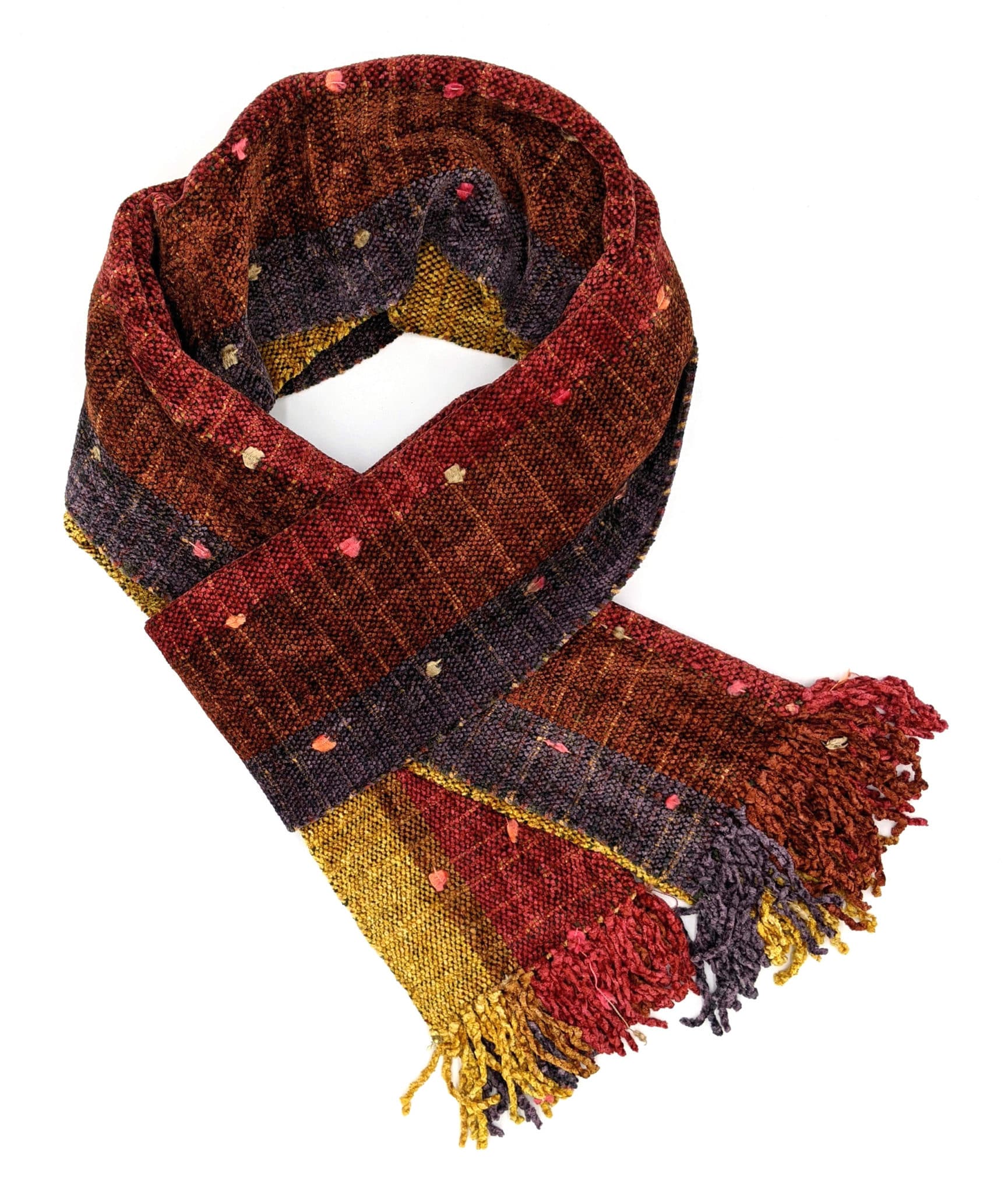 Purple, Cinnamon, Red, Coffee, and Gold Stripes with Ornamental Yarn and Space-Dyed Autumn Warp  - Bamboo Chenille Handwoven Scarf 8 x 68
