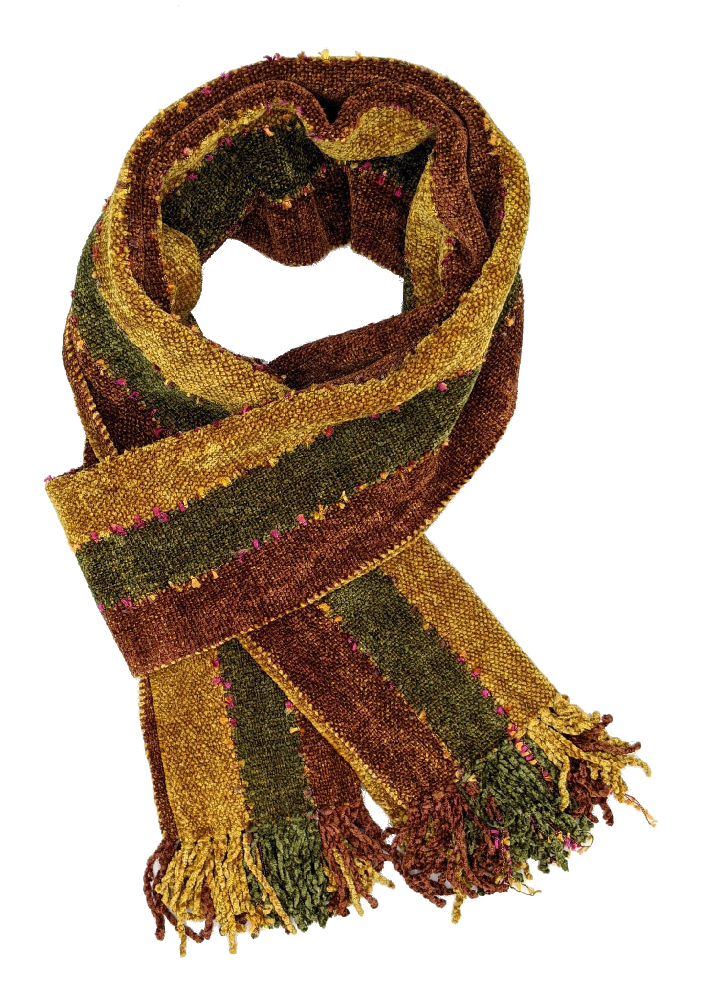Brown, Gold, and Olive Stripes with Ornamental Yarn Accents Handwoven Bamboo Chenille Handwoven Scarf 8 x 68