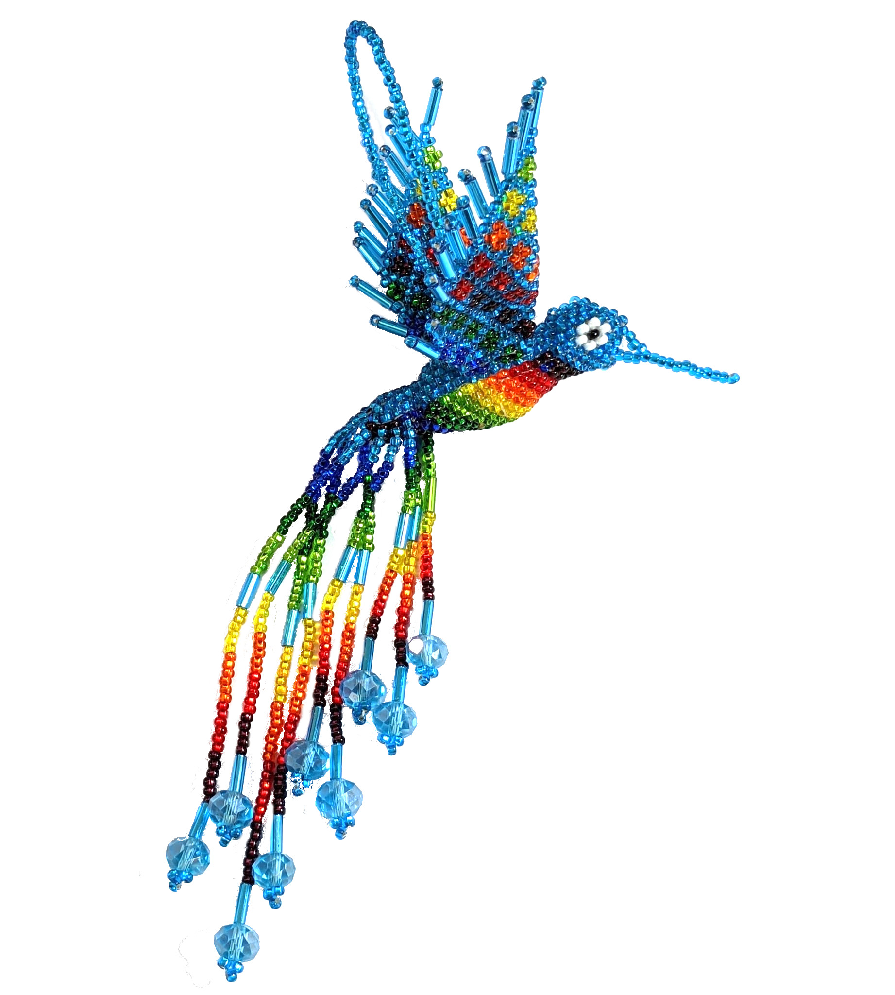 Hummingbird Beaded Ornament - Rainbow with Celestial Blue