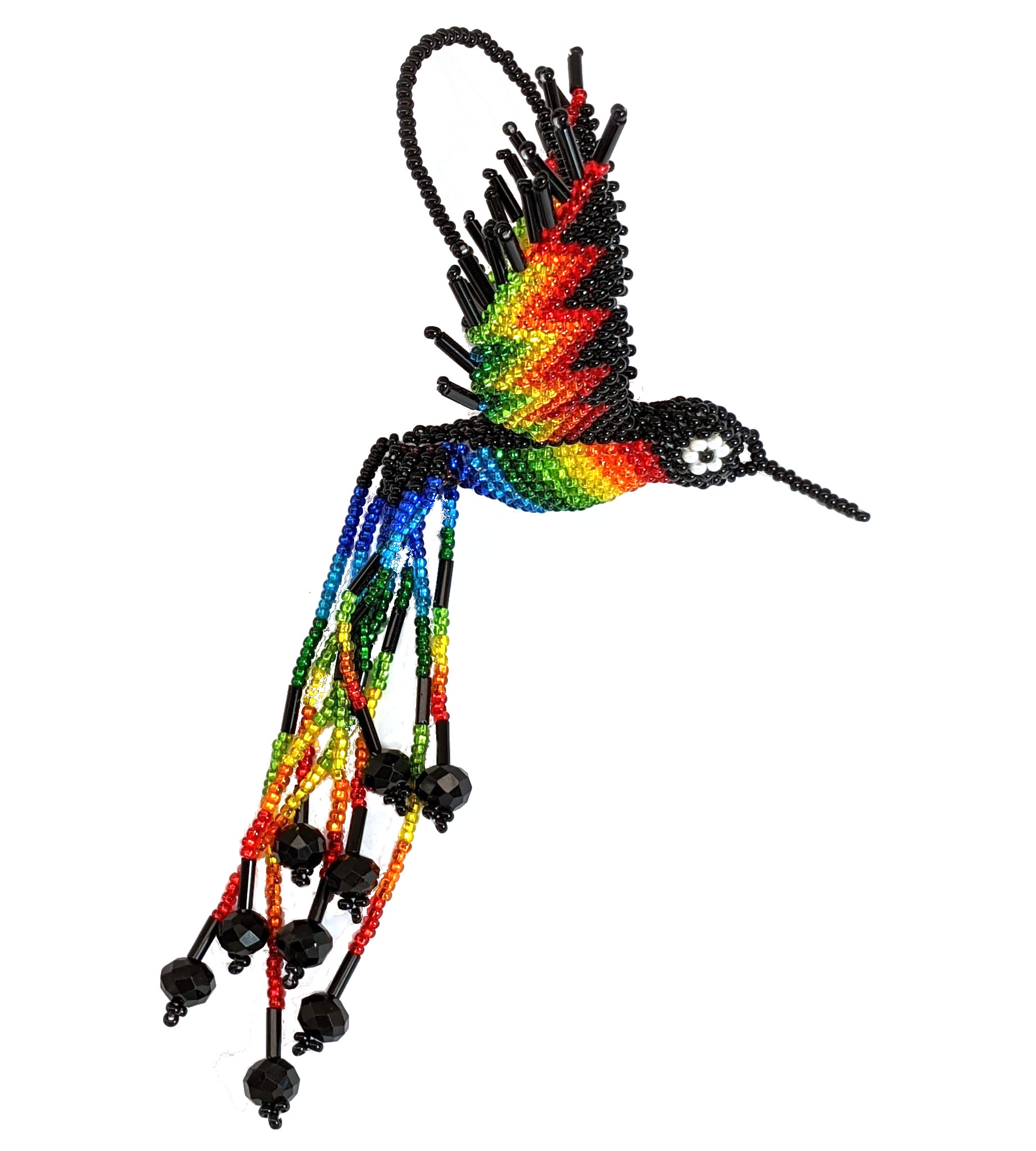 Hummingbird Beaded Ornament - Rainbow with Black 