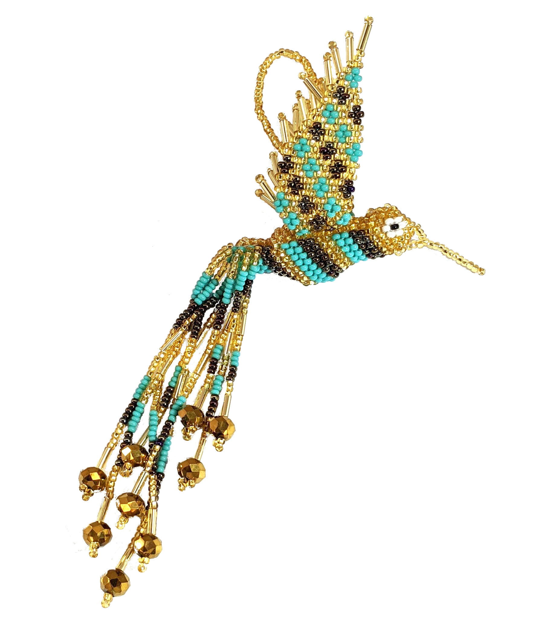 Hummingbird Beaded Ornament - Gold, Turquoise, and Iridescent Brown 