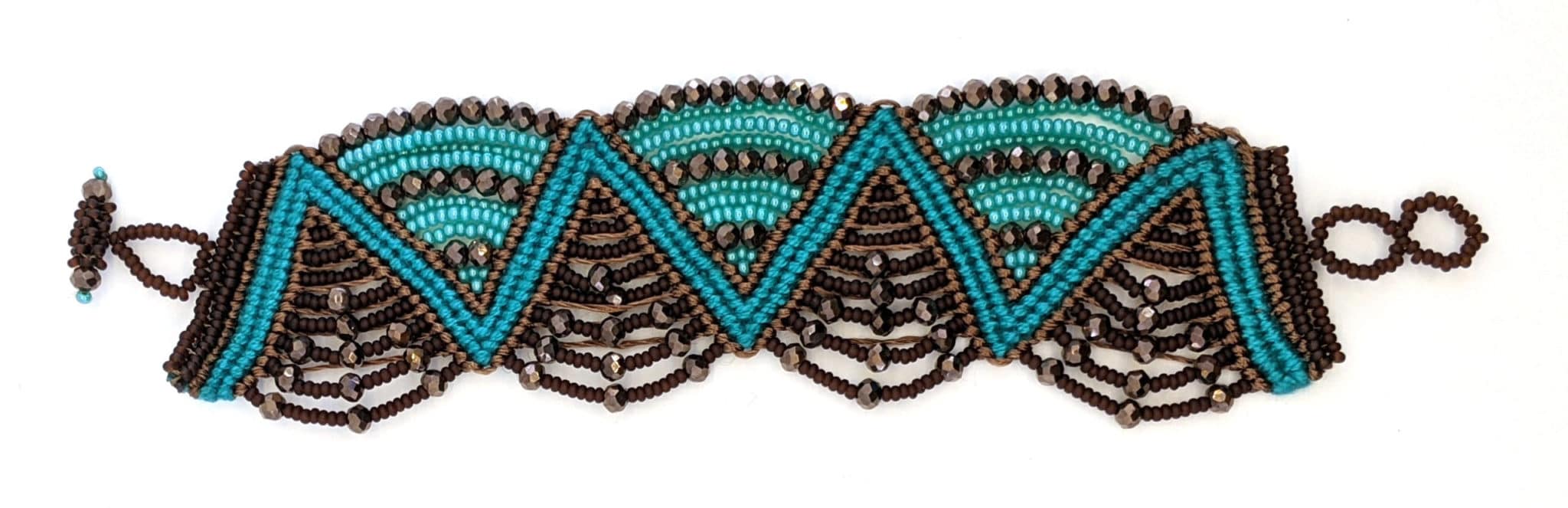 Turquoise and Bronze Winding River Macrame, Crystals and Beads Bracelet