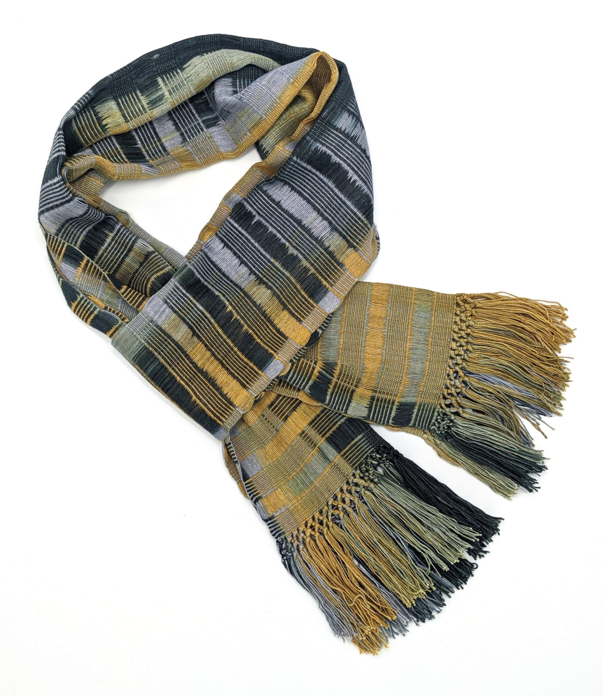 Gray, Gold and Black Lightweight Bamboo Open-Weave Handwoven Scarf 8 x 68
