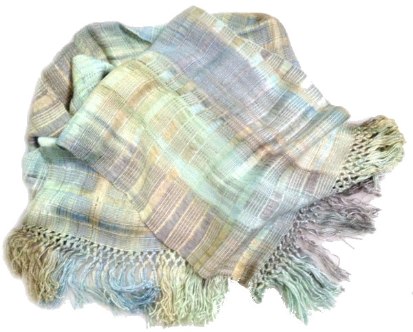 Pale Greens and Beige Lightweight Bamboo Open-Weave Handwoven Scarf 8 x 68