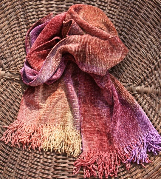 Gold, Orange, Coral and Purple Bamboo Chenille Handwoven Scarf 8 x 68