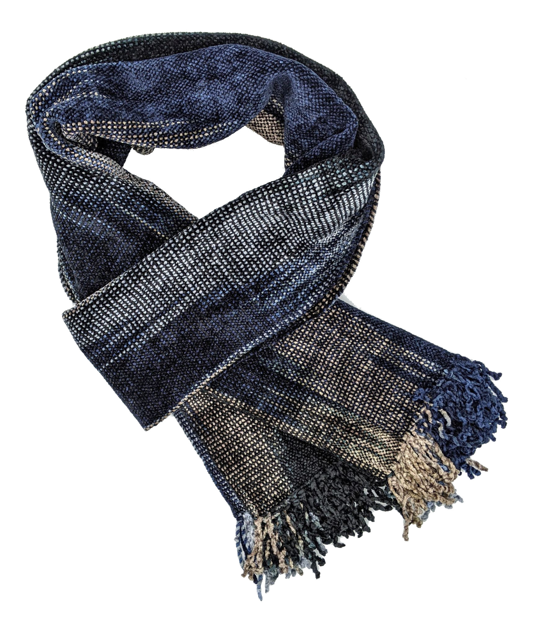 Blue, Grays and Black Bamboo Chenille Handwoven Scarf 8 x 68