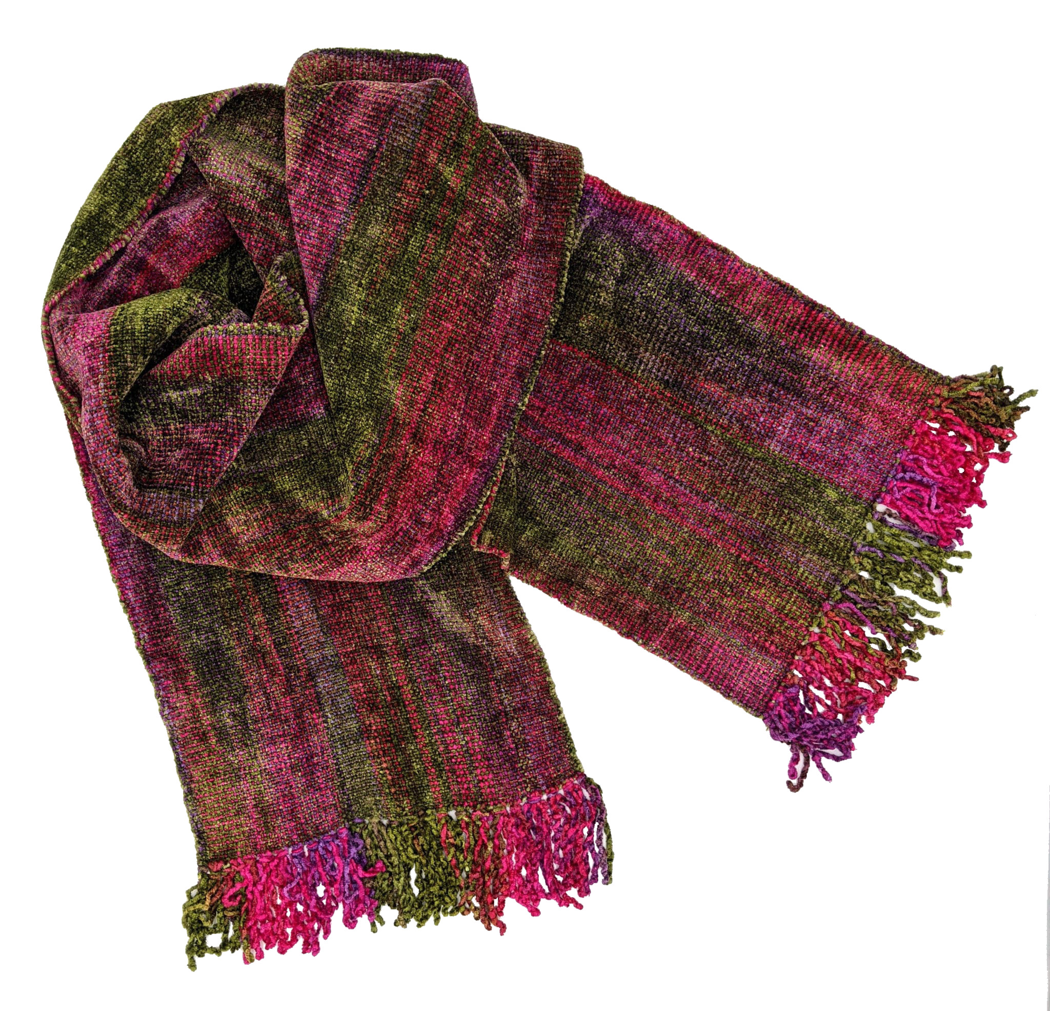 Fuchsia, Olive and Purple Bamboo Chenille Handwoven Scarf 8 x 68