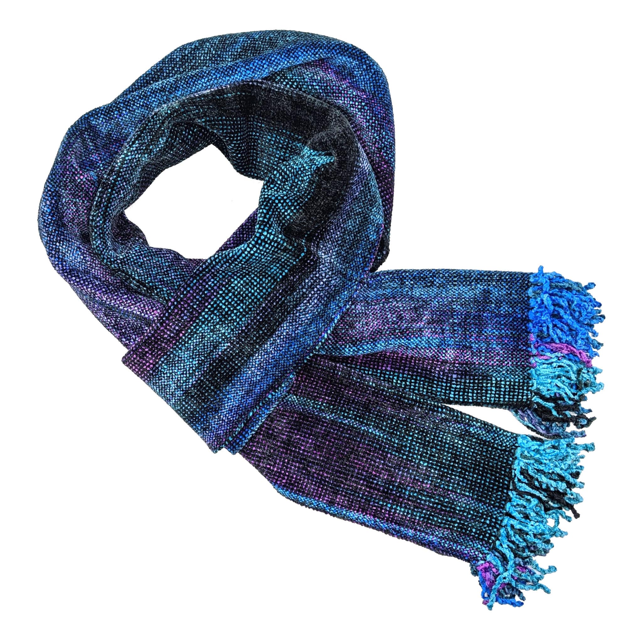 Blue, Teal, Purple and Black Bamboo Chenille Handwoven Scarf 8 x 68