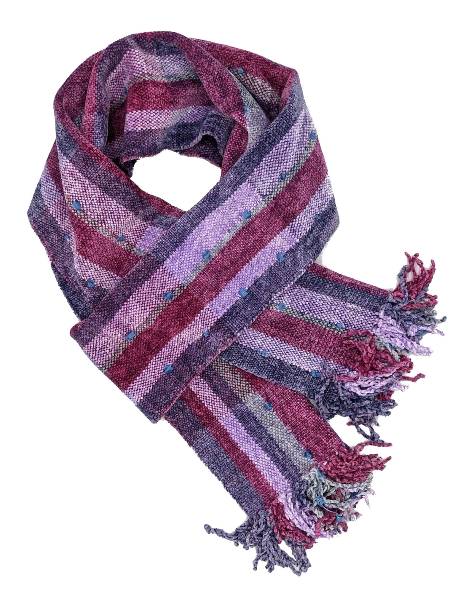 Lilac, Mauve and Purple Stripes with Ornamental Yarn Accents Bamboo Chenille Handwoven Scarf 8 x 68 