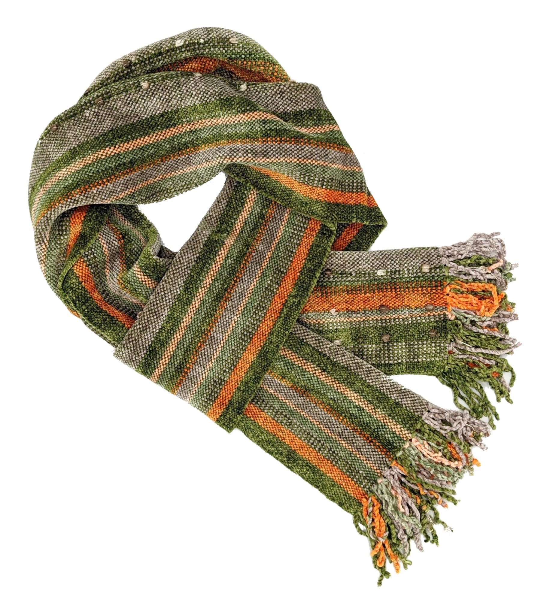 Light Green, Coffee, Cream and Orange Stripes with Ornamental Yarn Accents Bamboo Chenille Handwoven Scarf 8 x 68